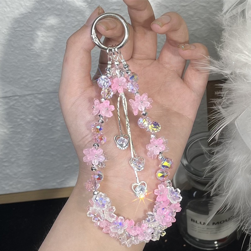 Image of Ethereal Iridescent Phone Chain, Shiny Beaded With Heart Tassel, Delicate Anti-lost Wrist Lanyard, Ornament For Phone Case, Keychain & Bag, Full Of Aesthetic Vibe