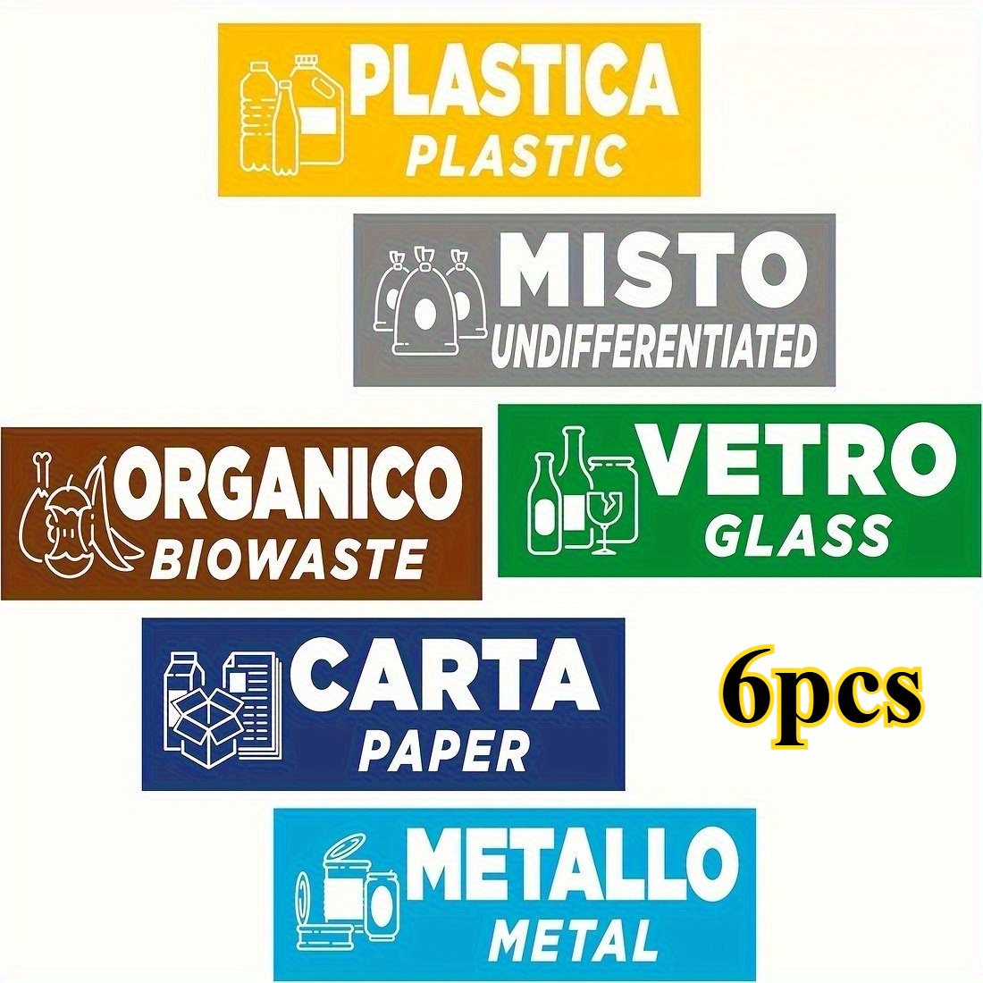 TEMU 6 pz, Adesivi Etichette per la Classificazione dei Rifiuti | Etichette per Pattumiera in e Inglese | Dimensioni 15x5cm | Adatte a Tutti i Bidoni