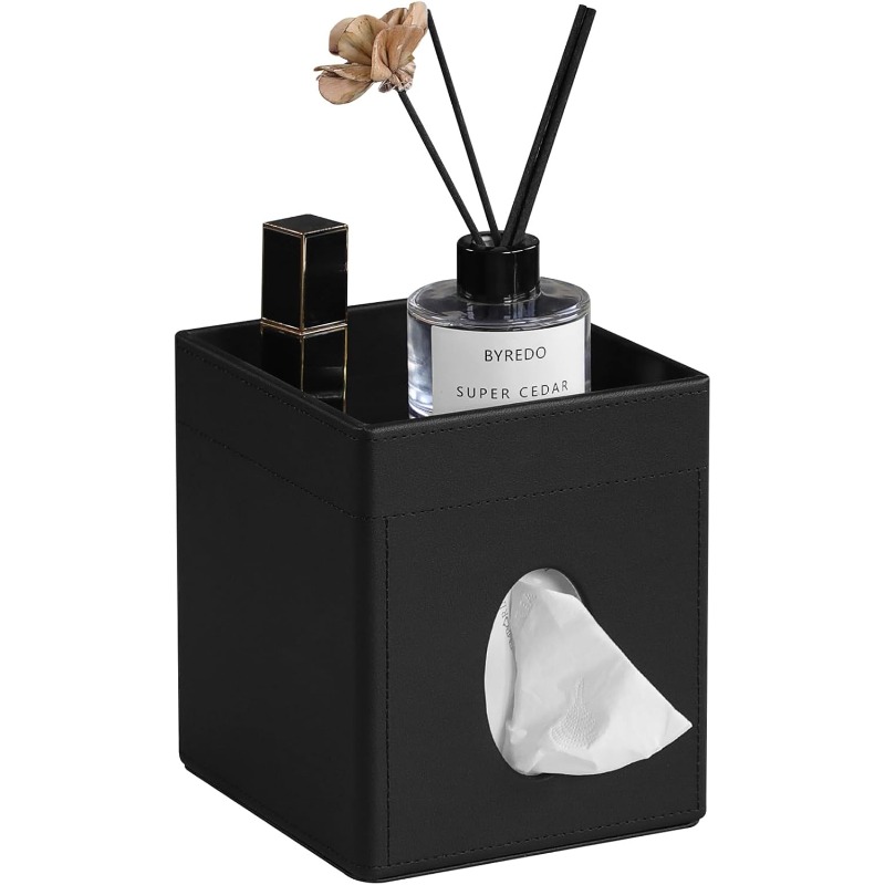 modern   leather tissue box cover with storage tray - square decorative organizer with   lid & hygienic design, space-saving black tissue holder for bathroom vanity, bedroom nightstand, office desk - durable & easy- , fits standard tissues, minimalist home decor, bathroom tissue holder, toilet tissue holder for bathroom, tissue box with storage, tissue box holder vintage, bathroom tissue roll holder, toilet paper holder for bathroom, bathroom decor and Product details 0