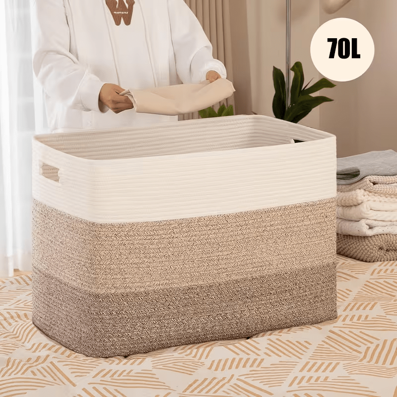 Image of 70 Large Dirty Laundry Basket, Portable Rectangular Woven Storage Basket With Carrying Handle, For Towels, Clothes, Blankets, Foldable Design, Sturdy And Durable, Home Organizing Basket, Shelf Baskets