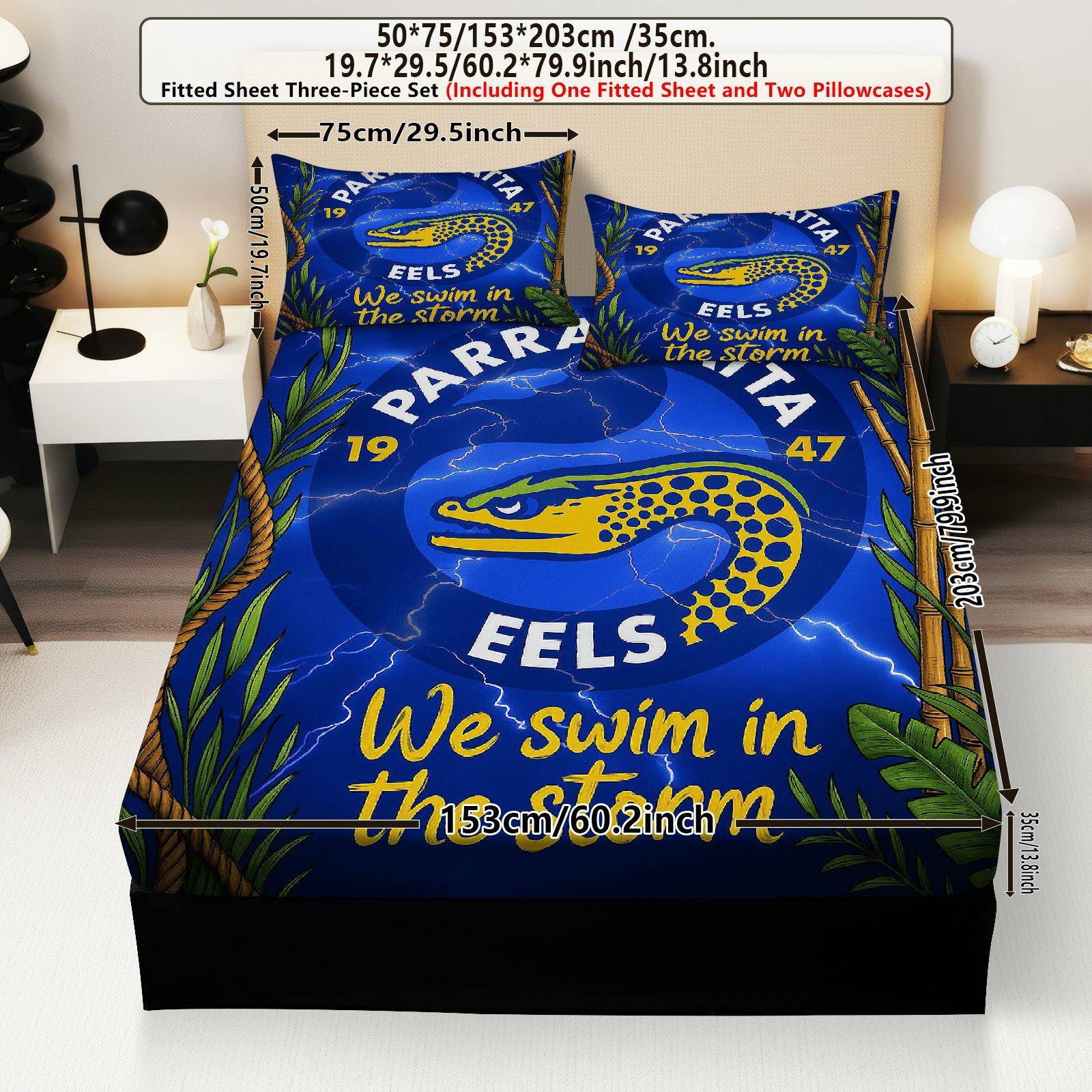 TEMU Set Of 3 Sports Lightning Fitted Sheets (1 Fitted Sheet + 2 Pillowcases, ), Sports-themed, Eels Luxury Bedding Collection, Soft And Breathable