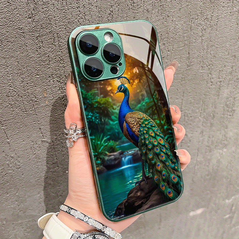TEMU Creative Peacock Pattern Tempered Glass Phone Case For Iphone 16/16pro/16promax/16plus, 15/15plus/15pro/15pro Max, 14/14plus/14pro/14pro Max,