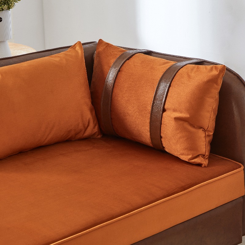65-Inch Storage Chaise Lounge Sofa in Brown PU And Orange Velvet