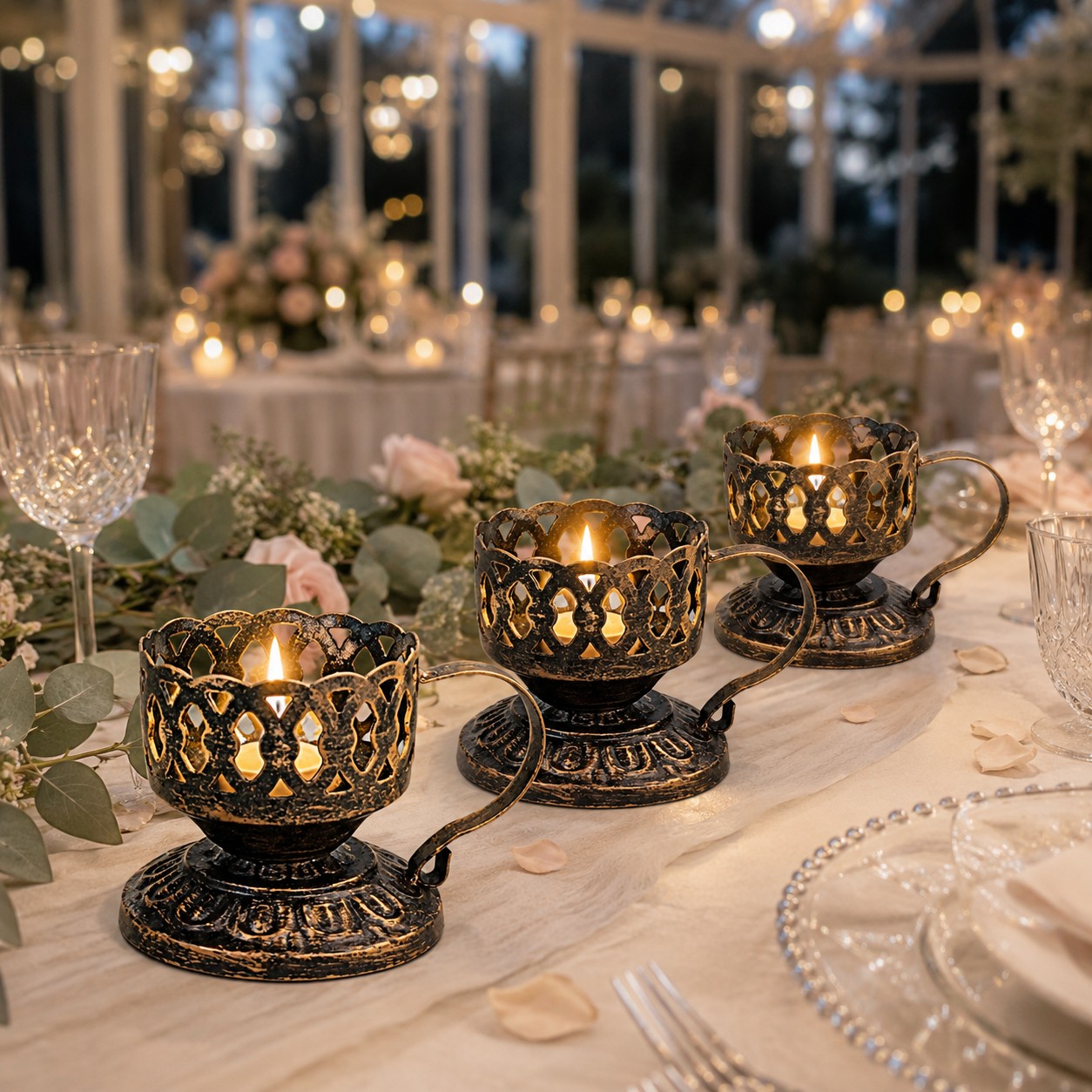 TEMU Vintage Distressed Wrought Openwork Candle Holders, Set Of Three, European-style Teacup-shaped Metal Candle Bases, Carved Aromatherapy Candle