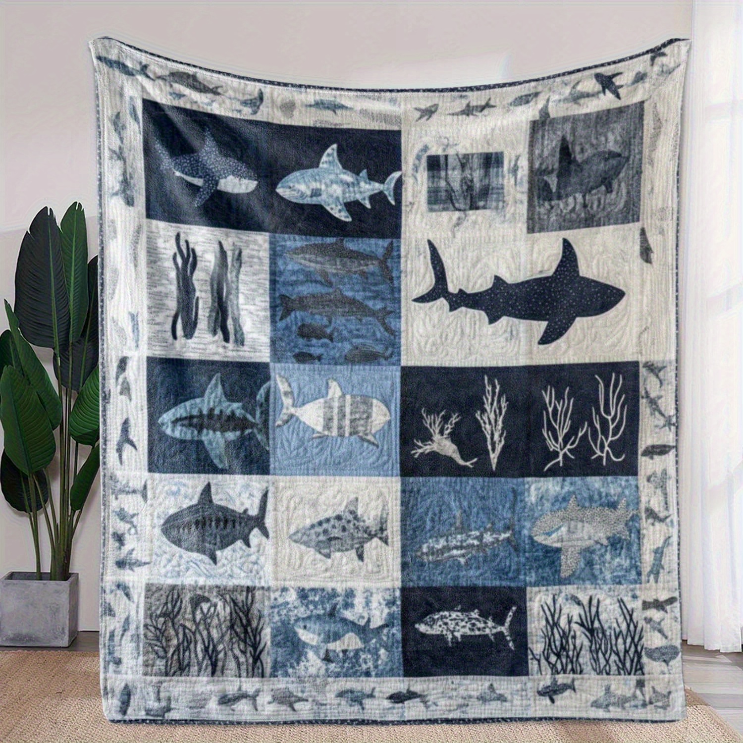 TEMU 1pc Vintage Shark Throw Blanket - Soft Flannel, Cozy & Warm, Perfect For Sofa, Bed, Car, Or Office Use, Ideal For , Shark Decor