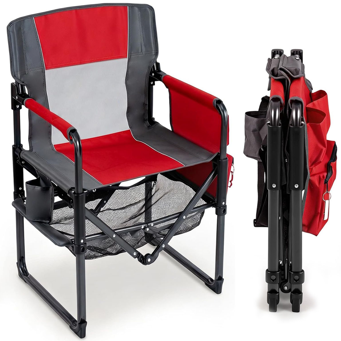 Image of Outdoor Garden Folding Deck Chair, Heavy Duty Lawn Chair With Cup Holder And Side Pocket, Bottle Opener And Mesh Storage Shelf, Sturdy Metal Frame, For Hiking, Tailgating, Fishing, Red And