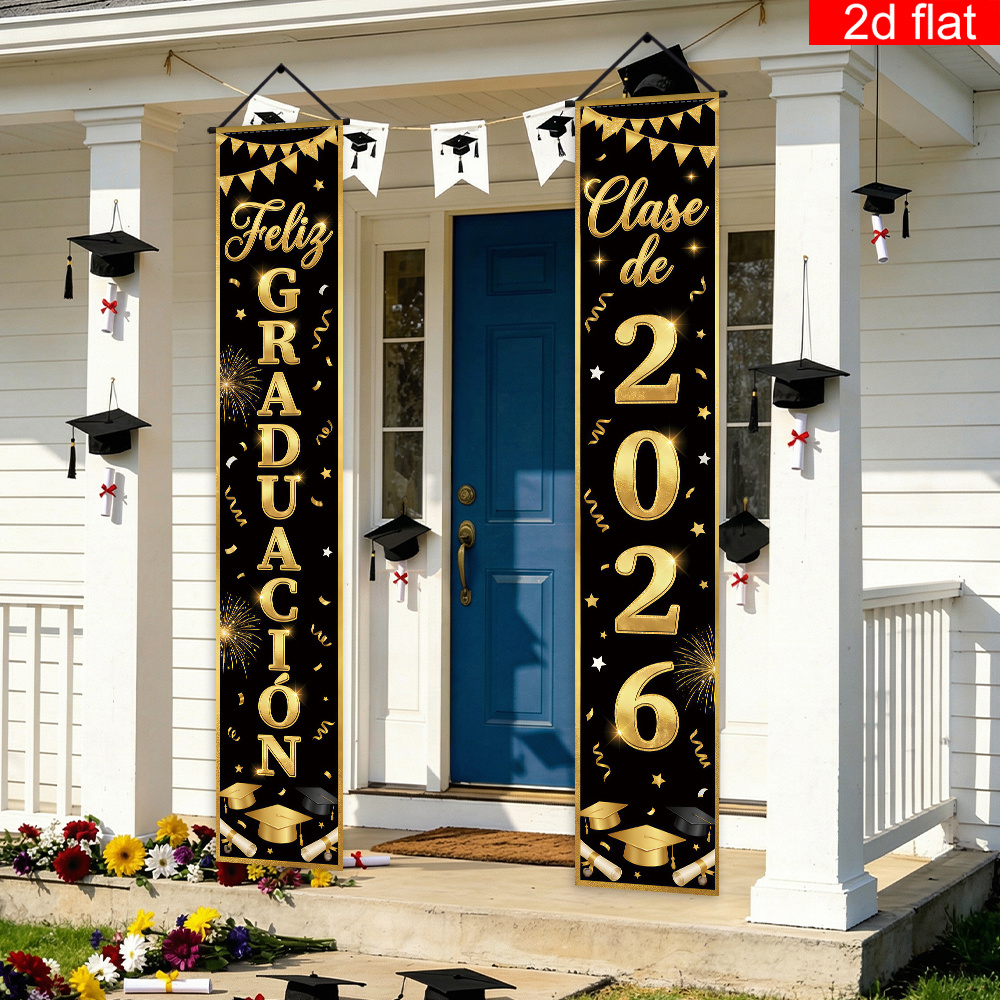 TEMU 2d Flat, 2d Flat Banner, 2pcs, Spanish "feliz Graduación Clase De 2026" Front Door Porch Sign Party Banner, Black Background With And Golden