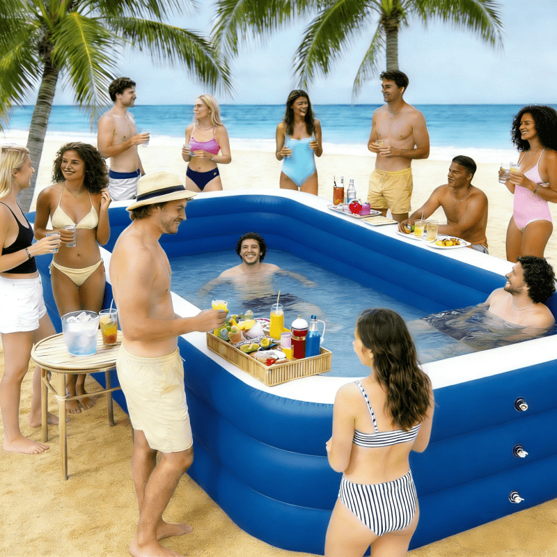 3pcs Set, Including 1 Blue Inflatable Swimming Pool + 1 Pool Mat + 1 Air Pump, Three-Layer Design, 210.01*150.01*68.0 cm Large Capacity, Swimming, Outdoor Backyard Pool, Suitable for Family Gatherings, Summer Parties, Balconies, Travel