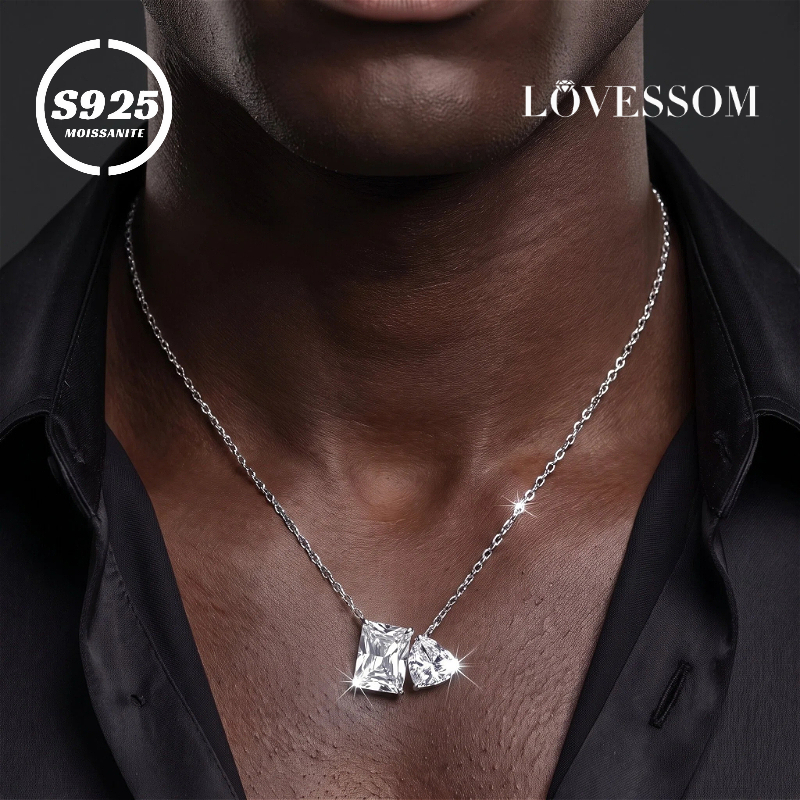 Women's 925 Silvery 1.5 Carat Moissanite Rectangular Puzzle Heart Pendant Necklace