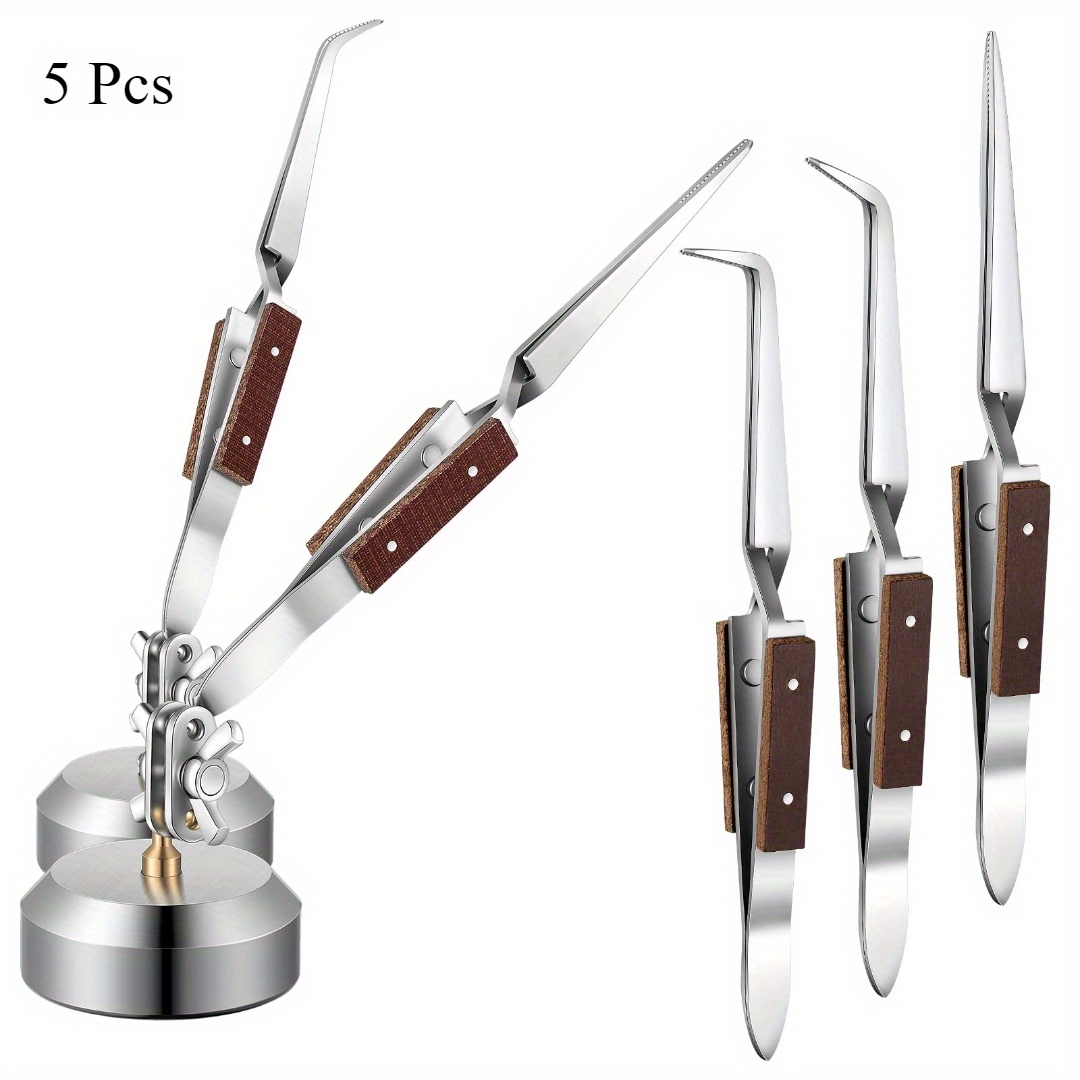 TEMU 5pcs Soldering Tweezers Set 3pcs Lock Soldering Tweezers 2pcs Jewelry Tool With Base For Jewelry Making, Soldering, Repairing