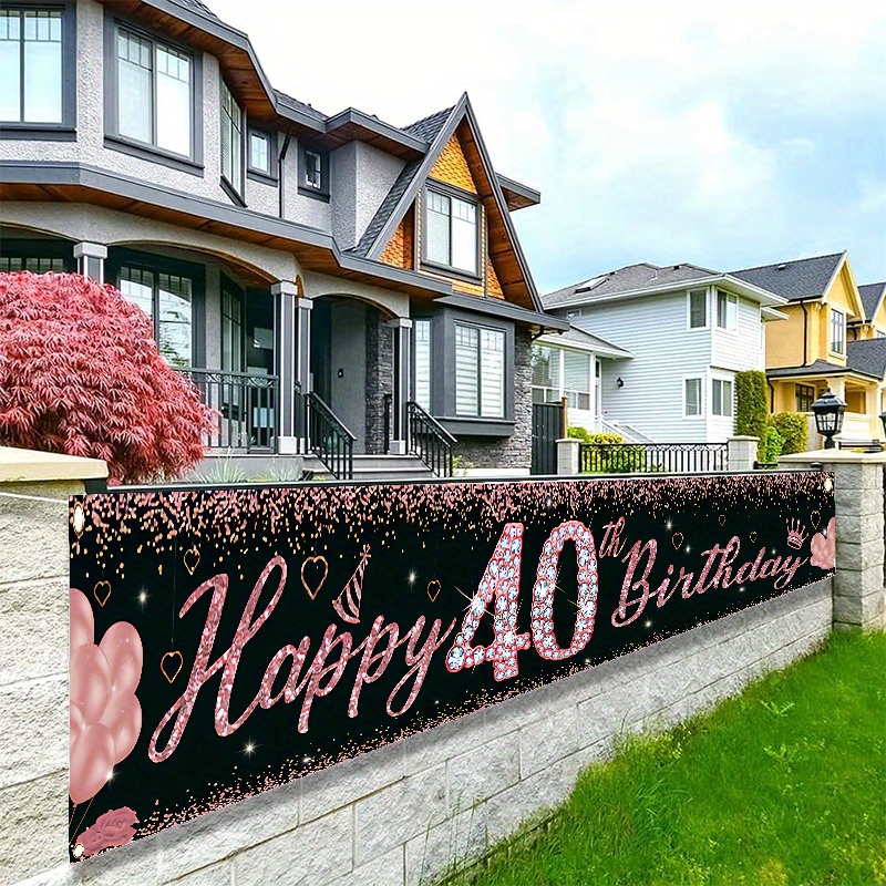 TEMU 2D Flat, 2D Flat - 2D Flat, 2D Flat - Ein 2D Flat Banner für eine 40. Geburtstagsfeier mit einem rosa Diamant-Design, mit der Aufschrift "Happy