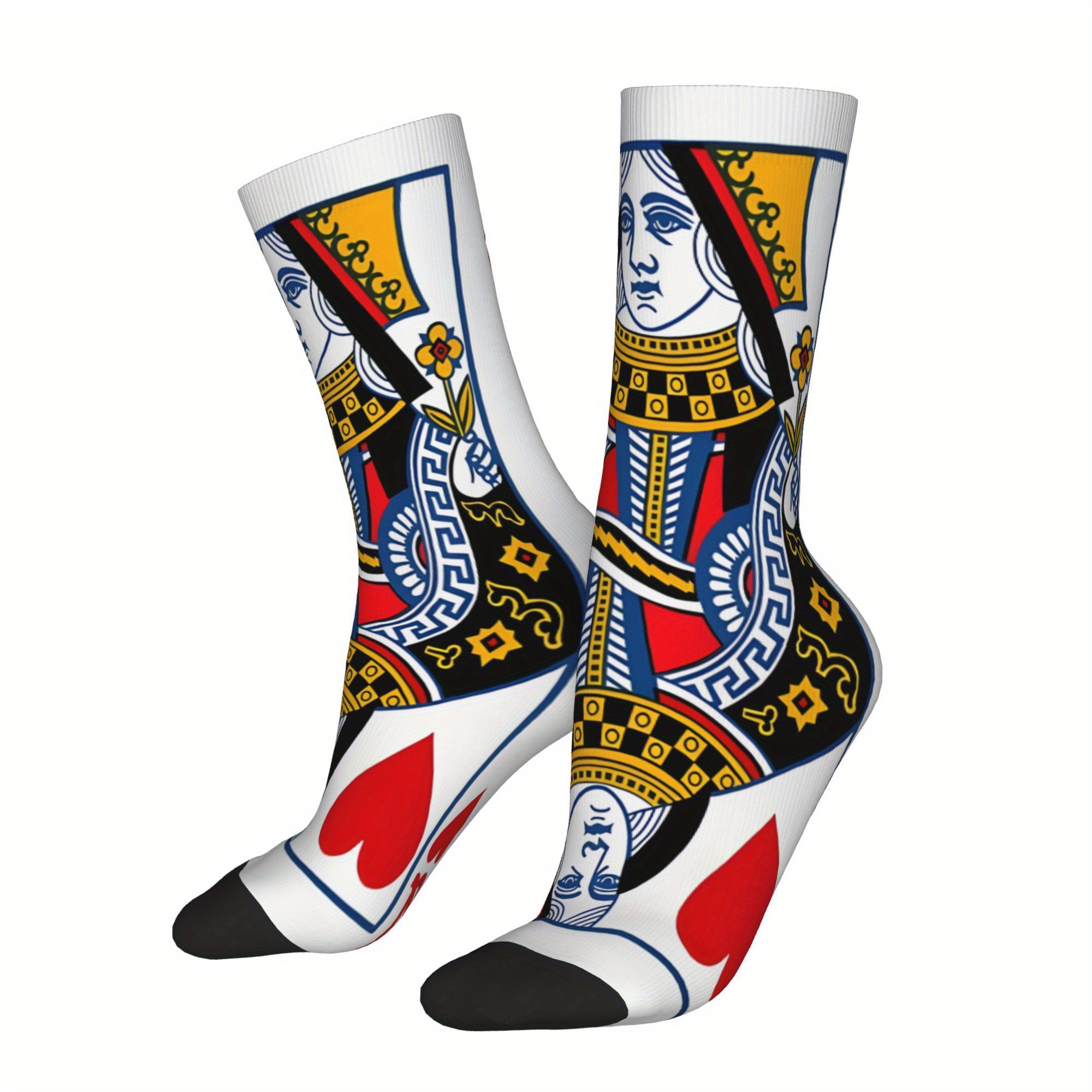 TEMU 1 Pair Hip Hop Of Hearts Playing Card Crazy Men's Compression Socks Unisex Street Style Pattern Printed Funny Novelty
