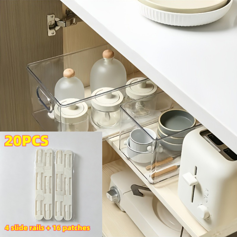 TEMU 20pcs Heavy-duty Silent Roller Kitchen Cabinet Pull-out Basket Slide Rails - 4 Rails   16 Pads, Drawer Storage Basket Telescopic Tracks, Diy
