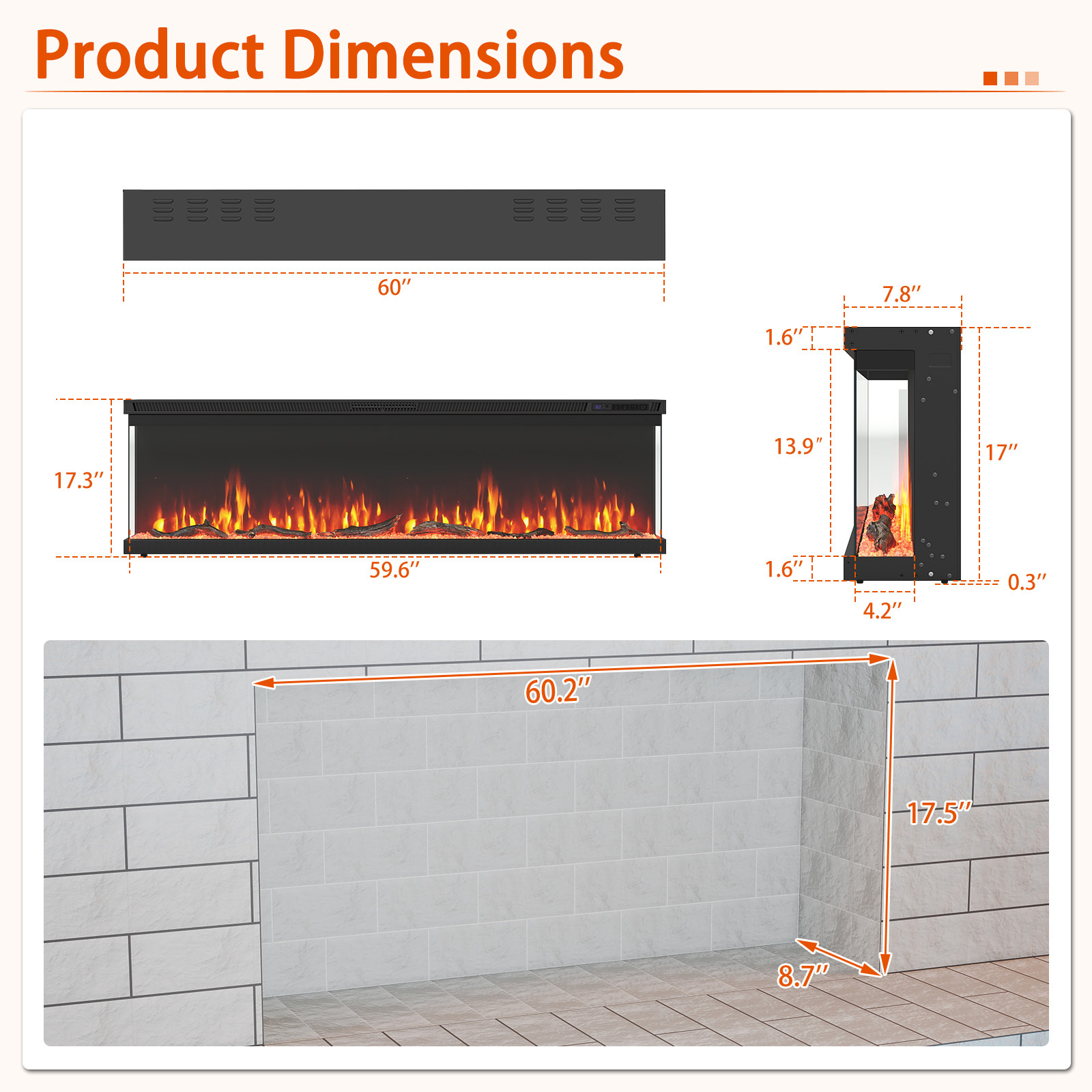   60 wide   electric wall heater insert with remote infrared suitable for recessed wall mounted freestanding installation 12 flame colors dimmable flame   protection thermostat control 750w 1500w electric fireplace heater