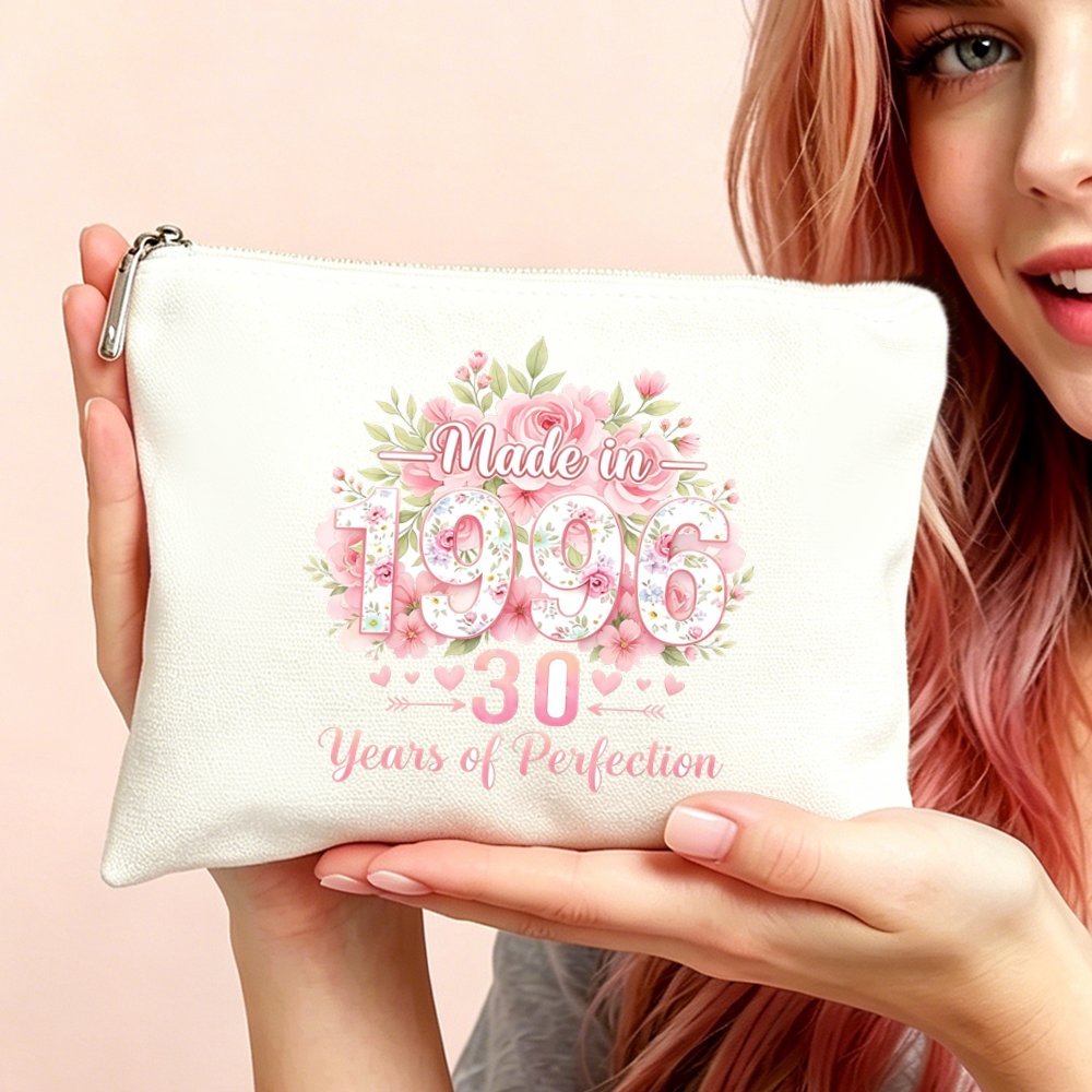 TEMU Hu 2d Flat,1pc Makeup Bag,cosmetic Bag & Toiletry Pouch,versatile Use,gift Bag For Women,30th Birthday Made In 1996 Pink Floral Cosmetic Makeup
