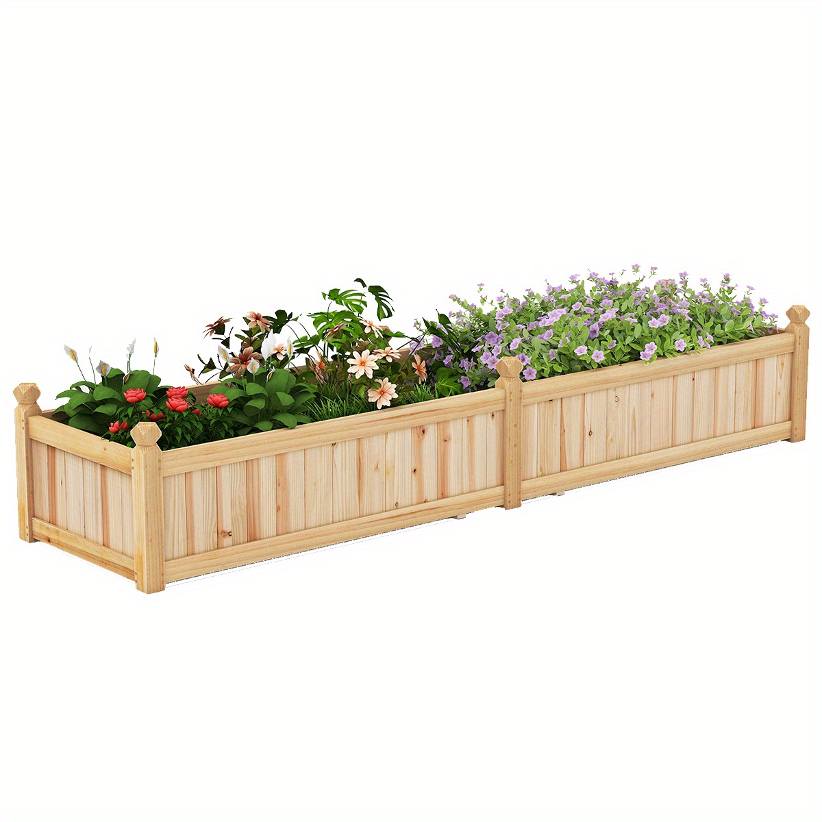 Wood Raised Garden Bed, Large Planter Box W/ Divider, Drainage System, Non-woven Liner For Growing Vegetables, Flowers