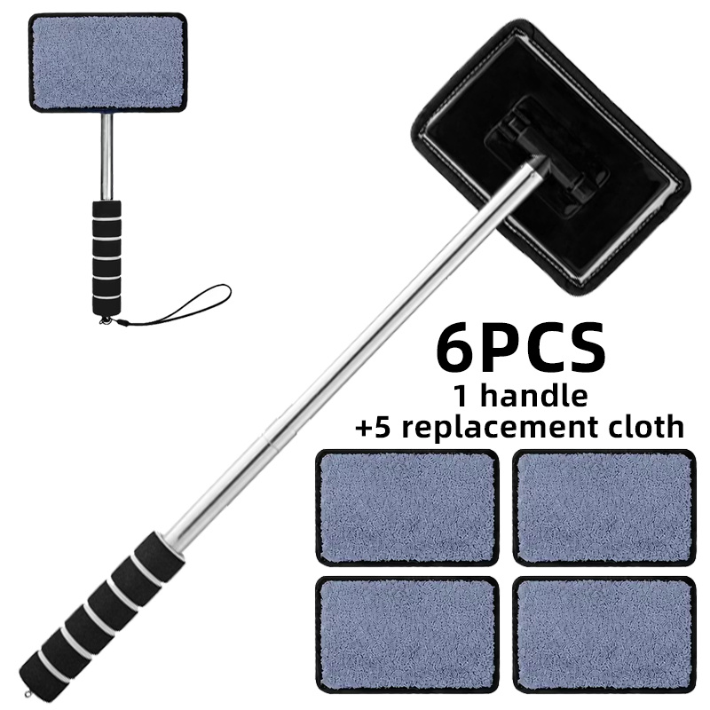 TEMU 6pcs, 1 Handle 5 Replacement Cloths, Extendable Car Windshield Cleaning Brush, Portable Glass Cleaning Brush, Extended Handle, Window Cleaning