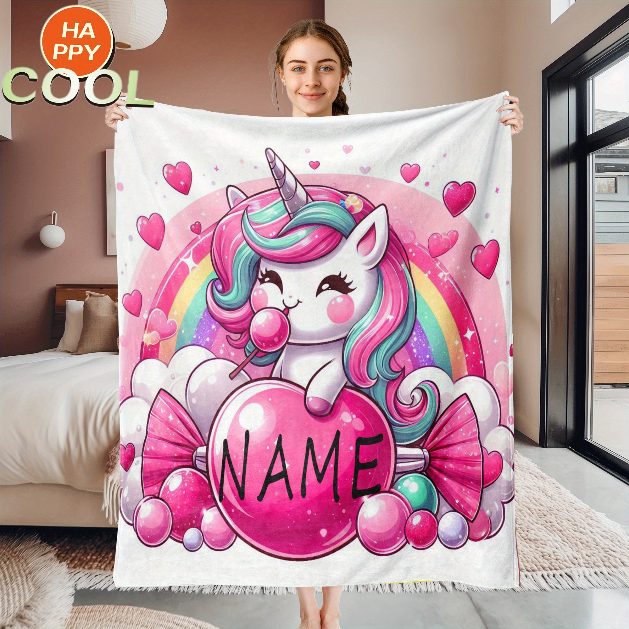 

1pc Customizable 280g Soft And Warm Unicorn Flannel Blanket With Personalised Name - Bed, Sofa, Picnic | Perfect Christmas Or Halloween Gift Or Birthday Present