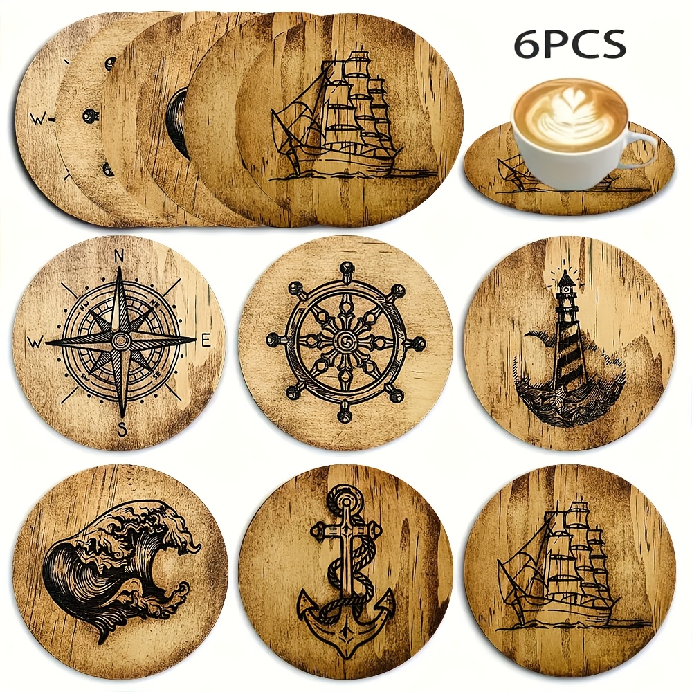 Image of 6pcs Nautical-themed Wooden Coasters - Heat-resistant Mats, Suitable For Home, Cafes, And Afternoon Tea - Ideal For Room Decor, Themed Parties, And Holiday Gifts