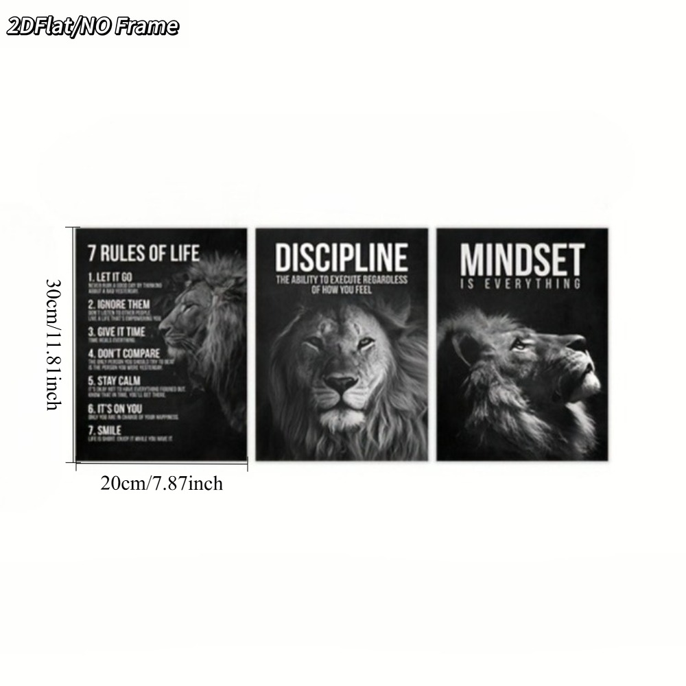 TEMU 2d Flat, 2d Flat, 2d Flat Frameless 3pcs Lion Motivational Posters, 7pcs Life Rules And Mindset Quotes. Powerful Wall Decor, Perfect For Office,