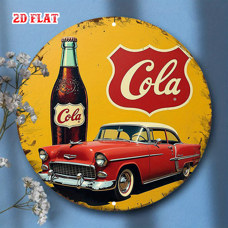 TEMU 2d Flat, 1pc, Vintage Red Tin Metal And Cola Drink Plate, 19.99 X 19.99cm, Round Aluminum Wall Art, Rustic Classic Decor For Home, Garage, Cafe,
