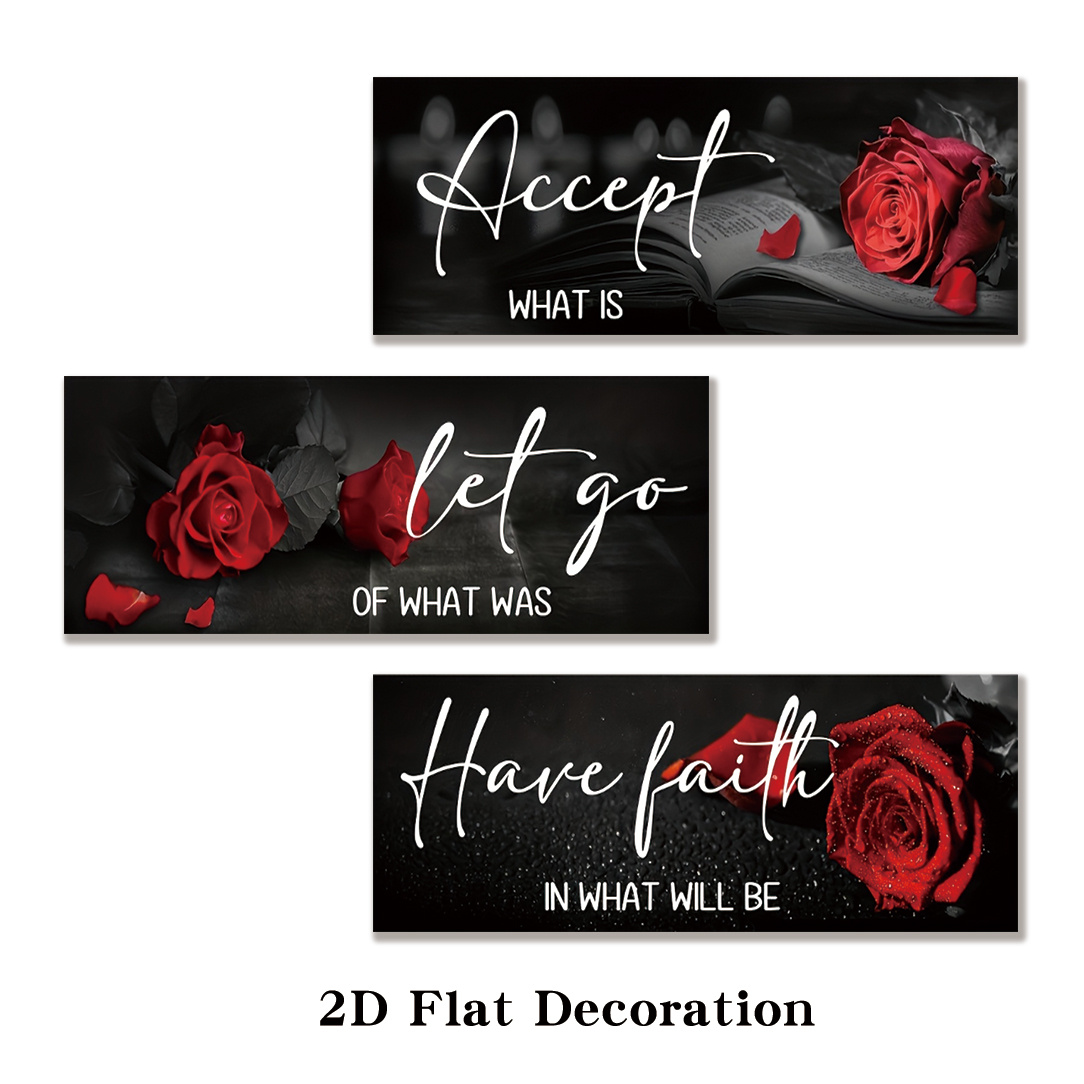TEMU 2d Flat, 3pcs 2d Flat Wall Decor Posters, Frameless, Red Rose Inspirational Quotes "let Go And ", Farmhouse Style For Bathroom, Living Room,