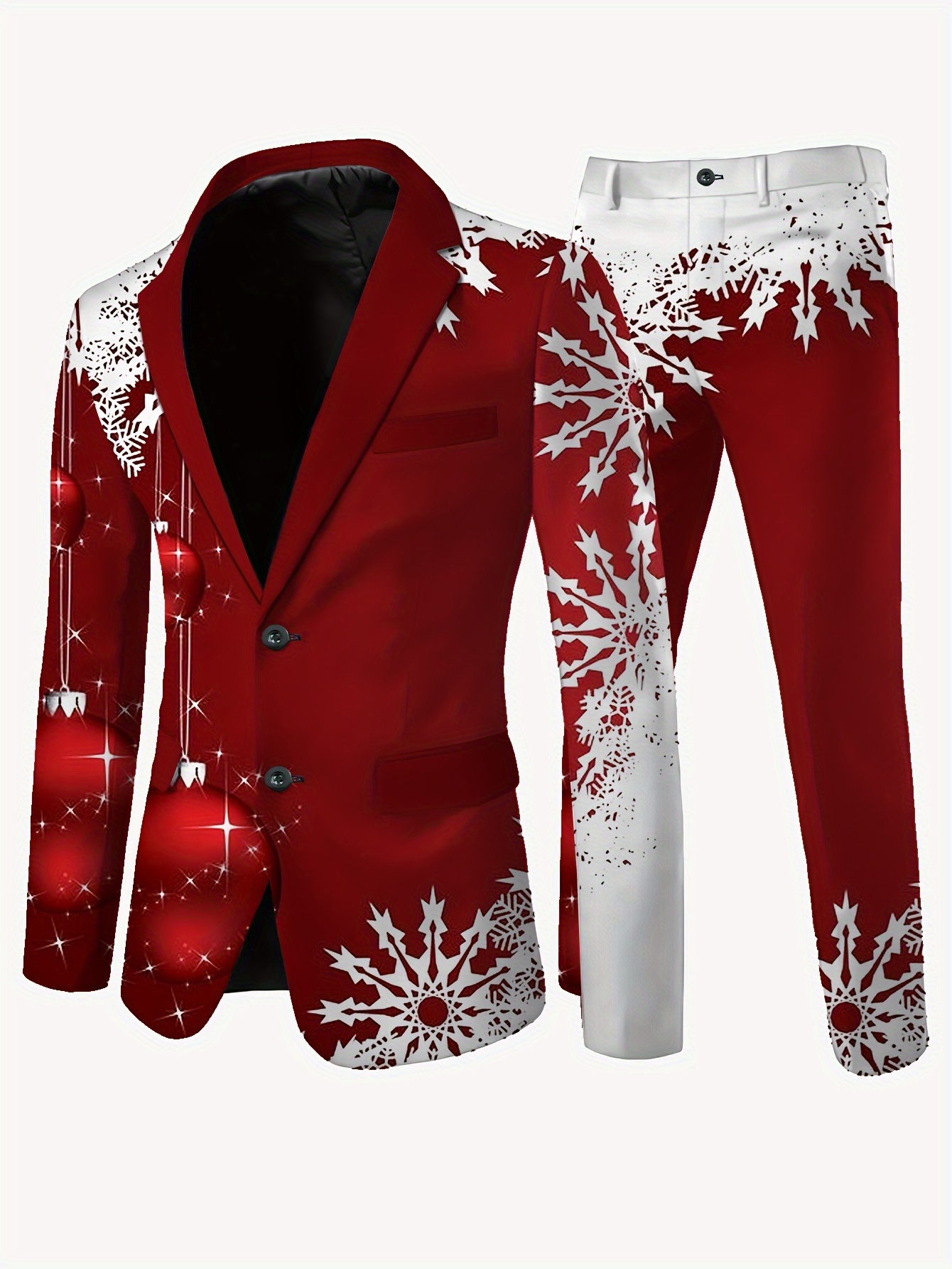 mens casual     pants set red with white snowflake pattern long sleeve polyester blend skinny   season wear casual attire snowflake pattern stretchy fabric