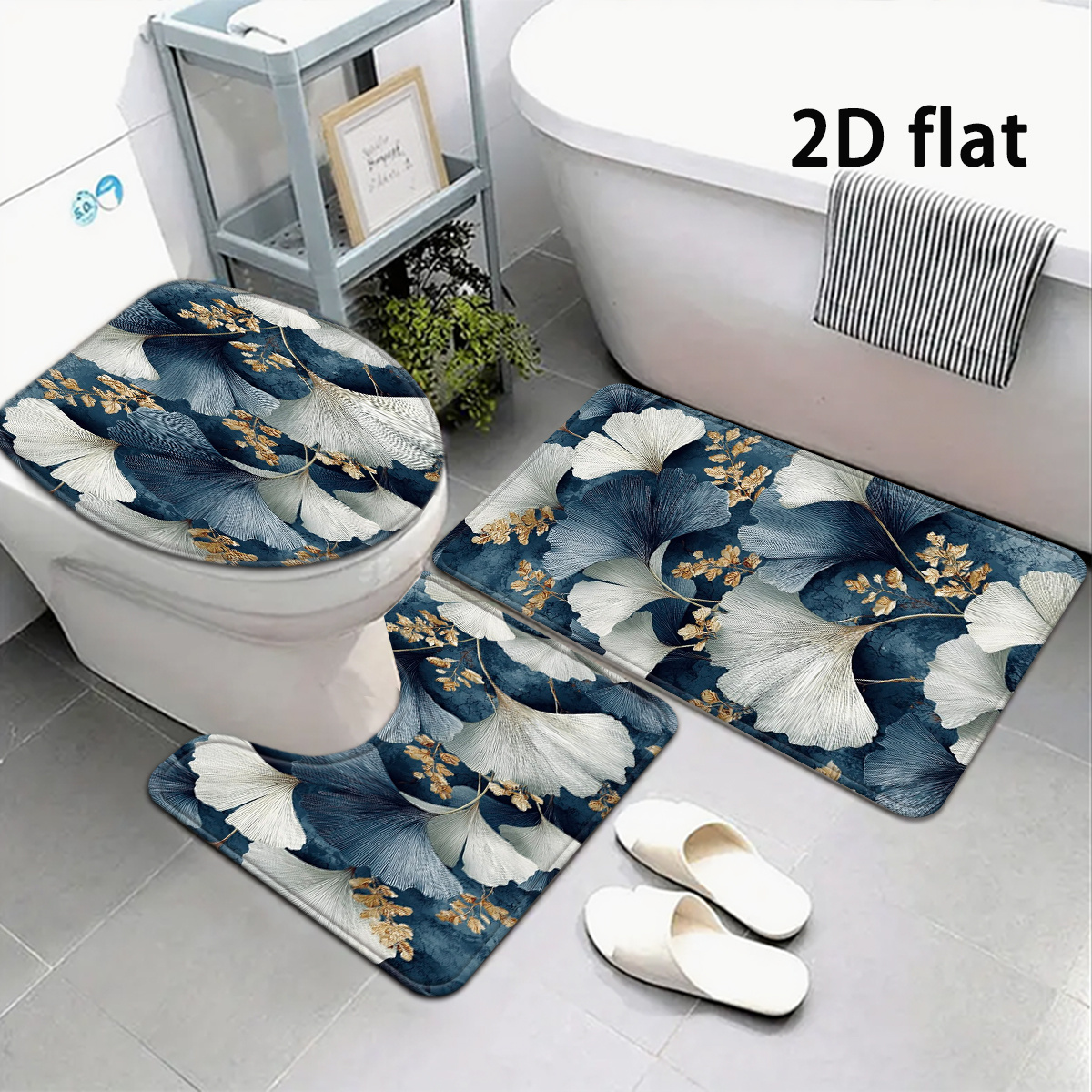 TEMU 2d Flat, 2d Flat 3pcs/4pcs Ginkgo Floral Bathroom Mat Set, European Minimalist Style Floor Mat, Soft Thickened Absorbent Mat, Suitable For Home