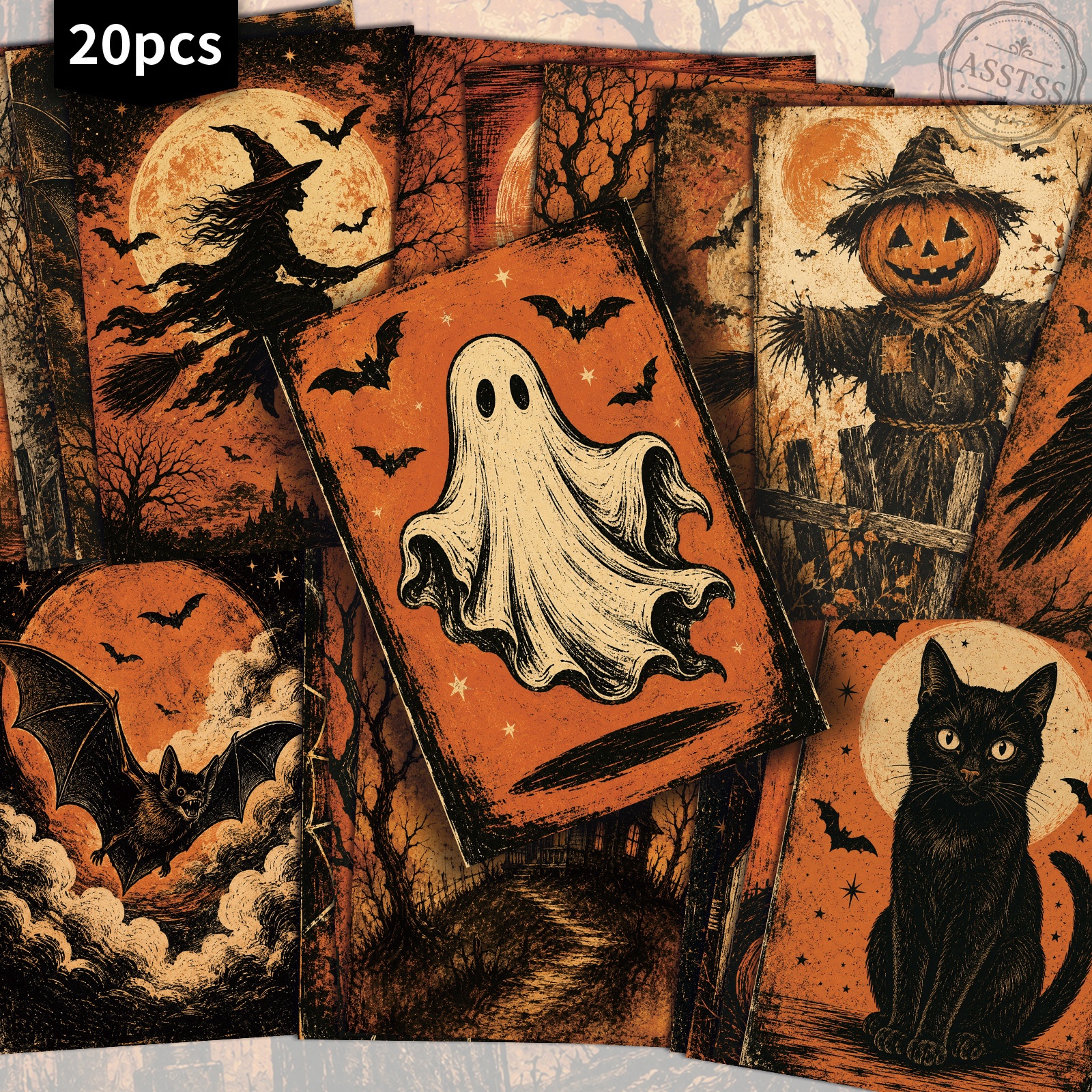 TEMU 20-pack Asstss Vintage Halloween Postcards - 4x6 Inches Retro Junk Journal Supplies, Classic Pinup Illustrations Collectible Decorative Painting