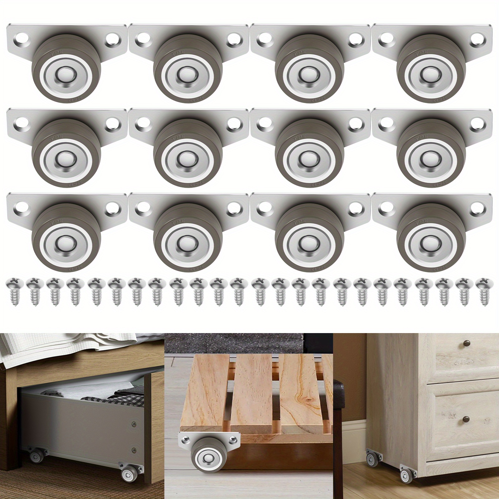 Set Of 12 Small Side-mounted Caster Wheels, Each 1.25 Inches In Size, Designed For Movement. Non-swivel Wheels Are Quiet And Ideal For Moving Furniture