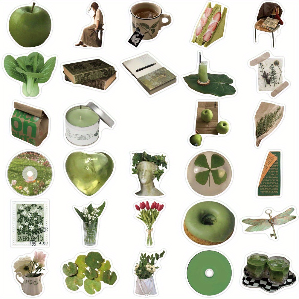 62pcs Olive Green Creative Graffiti Sticker Pack Decoration Suitcase Water Bottle Water Cup Notebook Skateboard Luggage Helmet Self-adhesive
