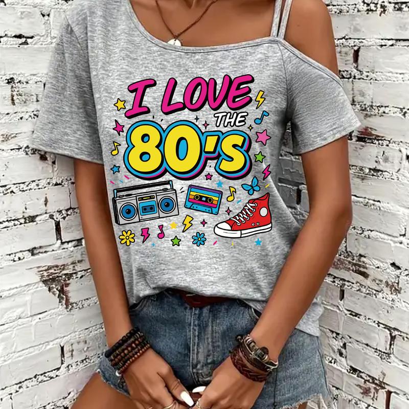 035 womens fashion shoulder strappy short sleeve t shirt 80s
