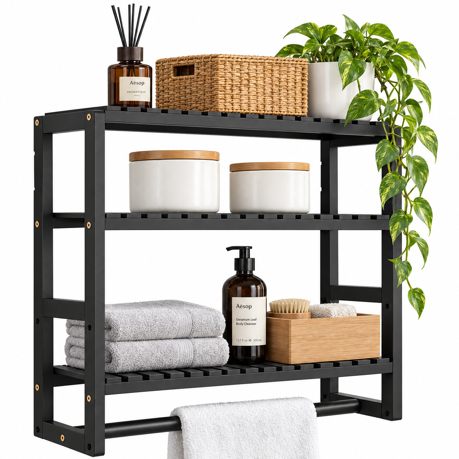 Image of 3-tier Storage Shelf Wall-mounted Floating Rack With Towel Bar Adjustable Height For Bathroom, Kitchen, And Balcony
