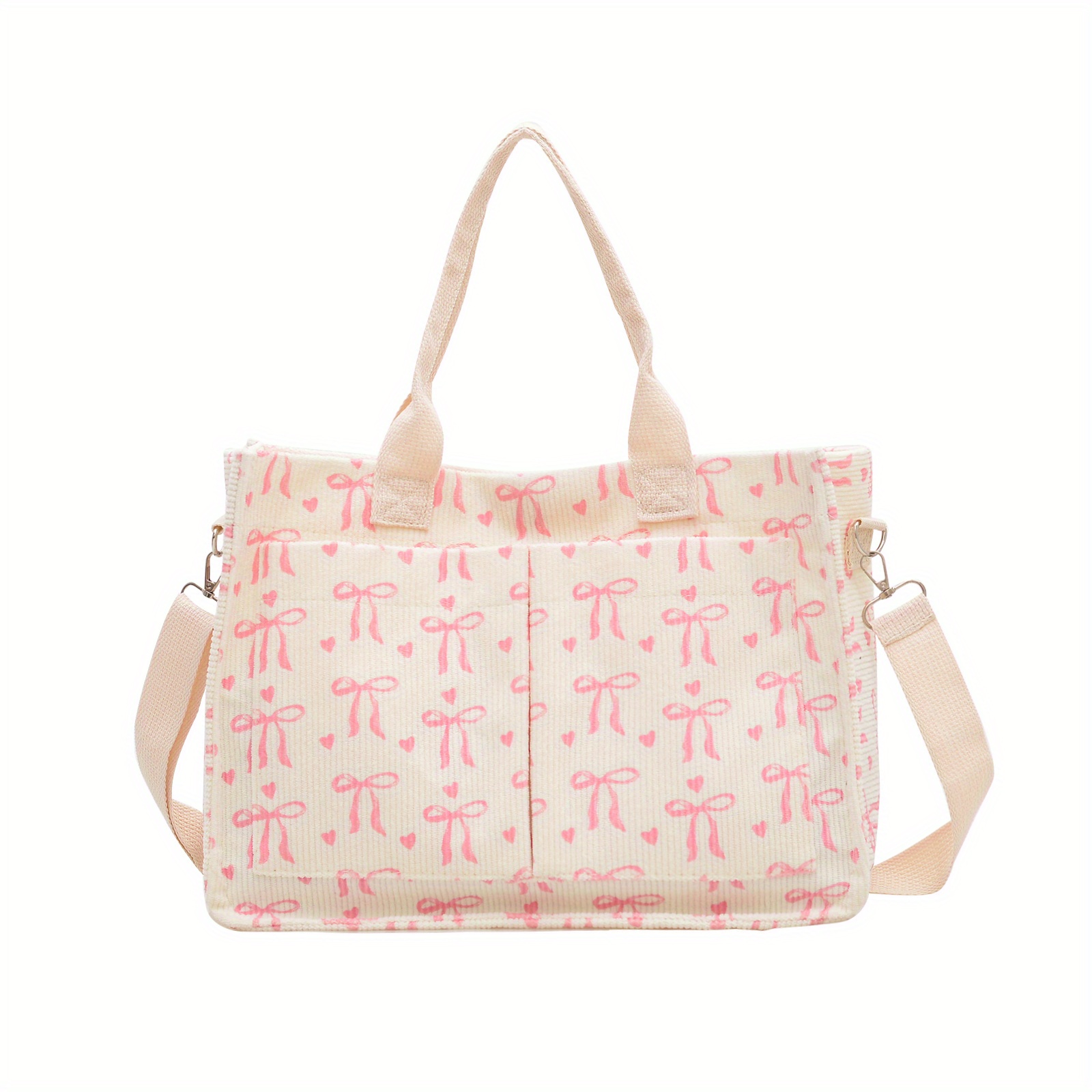 E-shop 1 Stück Koreanischer Stil Süße Mode Große Kapazität Schleifen-Herz-Print Samt Handtasche, Multifunktionale Pendler-Handtasche für Frauen,