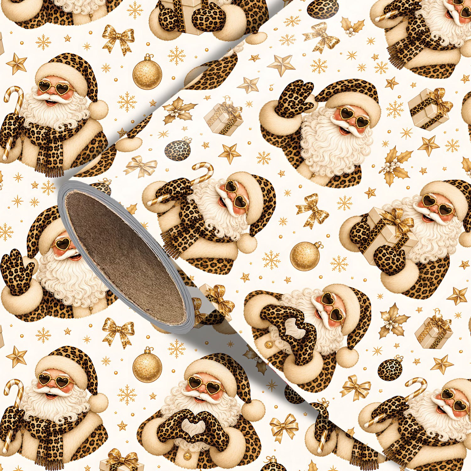 TEMU 1 Roll Vintage Christmas Wrapping Paper - Xmas Leopard-print Santa Claus Pattern, Designs For Holiday - Measuring 45cm X 300cm (17.7in X 118in)
