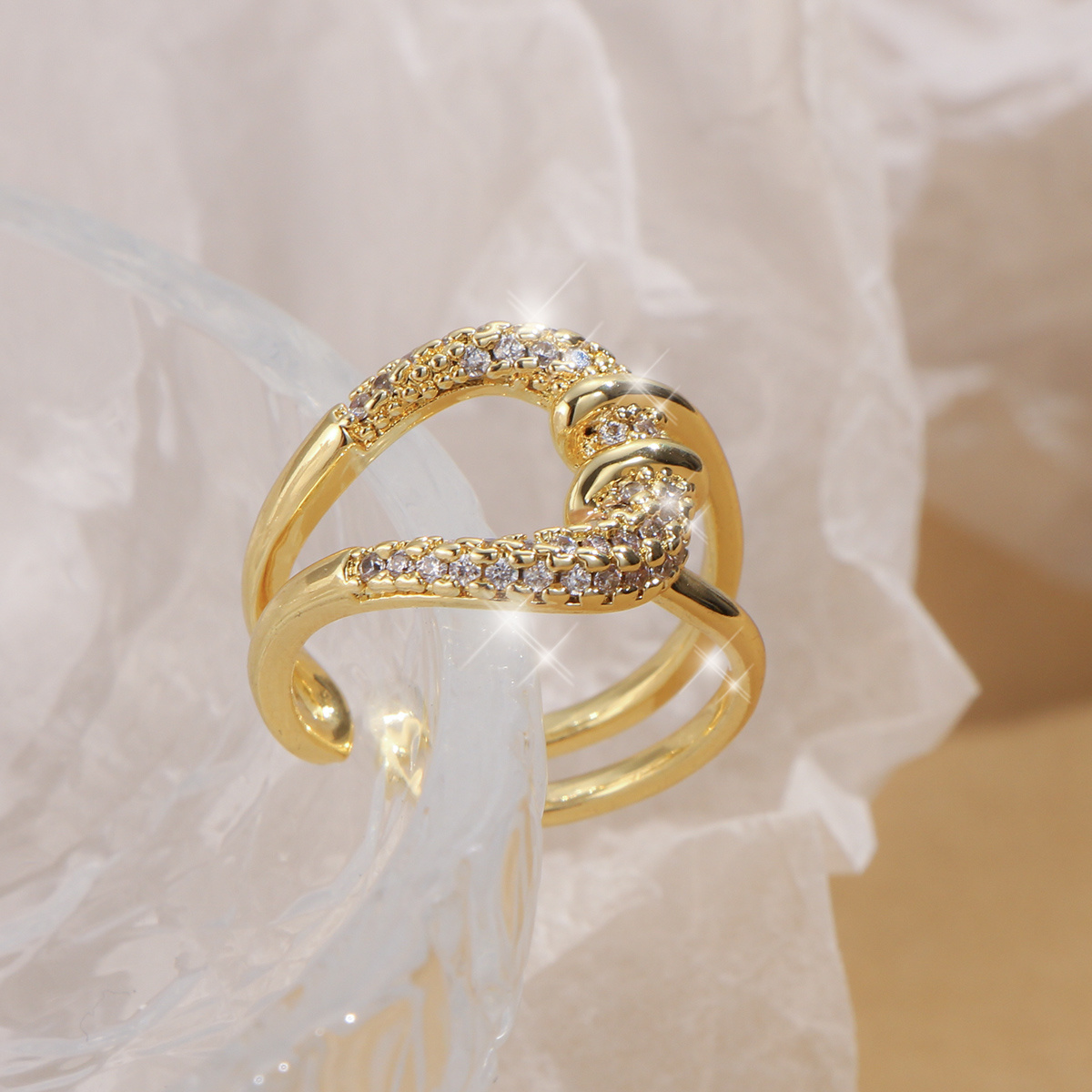 TEMU Golden Inlaid Synthetic Cubic Synthetic Zirconia Double Ring Cross For Women Luxury Versatile Daily Gift Stainless Steel Jewelry