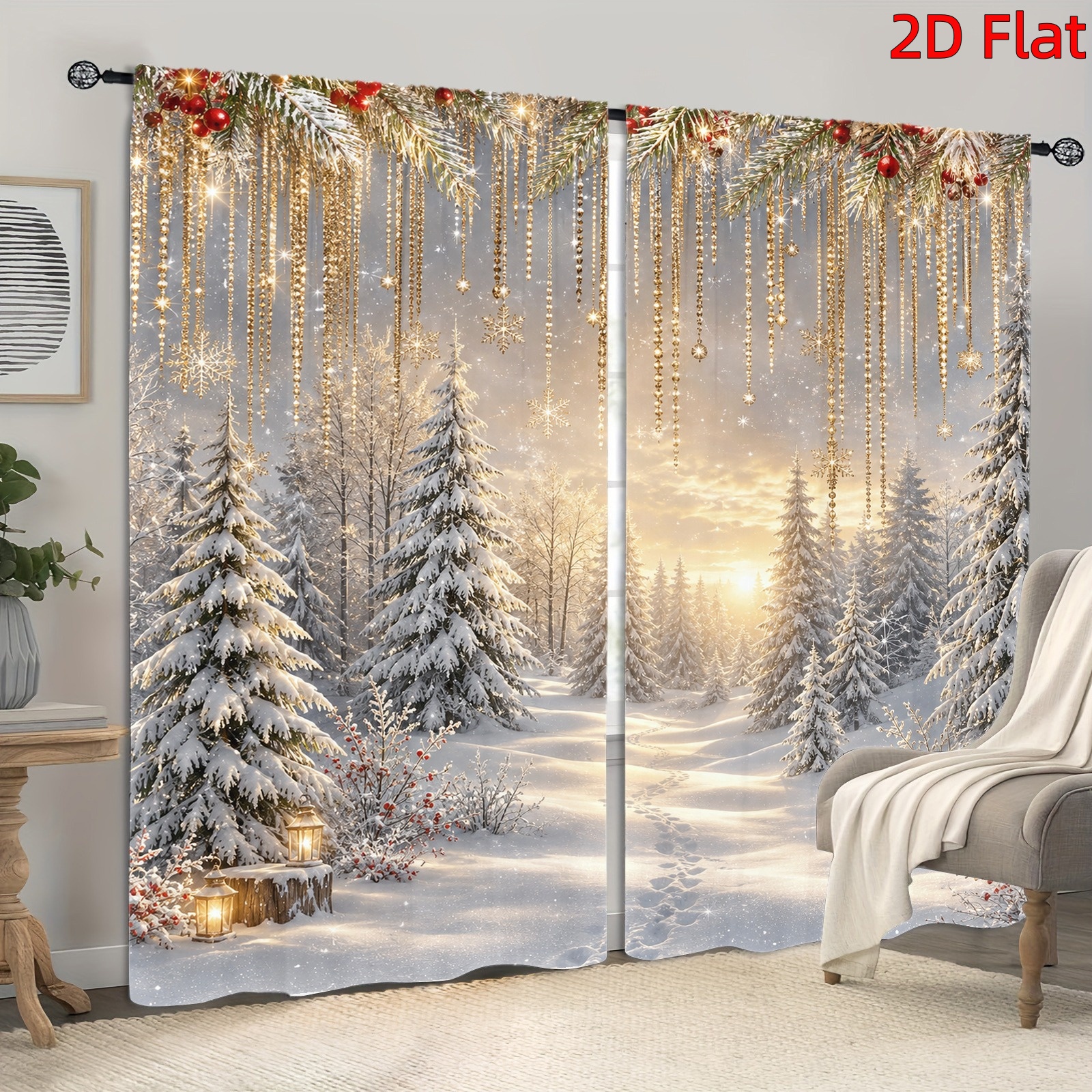 Image of 2d Flat - 2d Flat 2pcs Festive Winter Snow Forest Christmas Decor Light Filtering Curtains With Golden Beaded Icicles And Snowflakes, Holiday Scene, Rod , For Room Bedroom Study Decoration