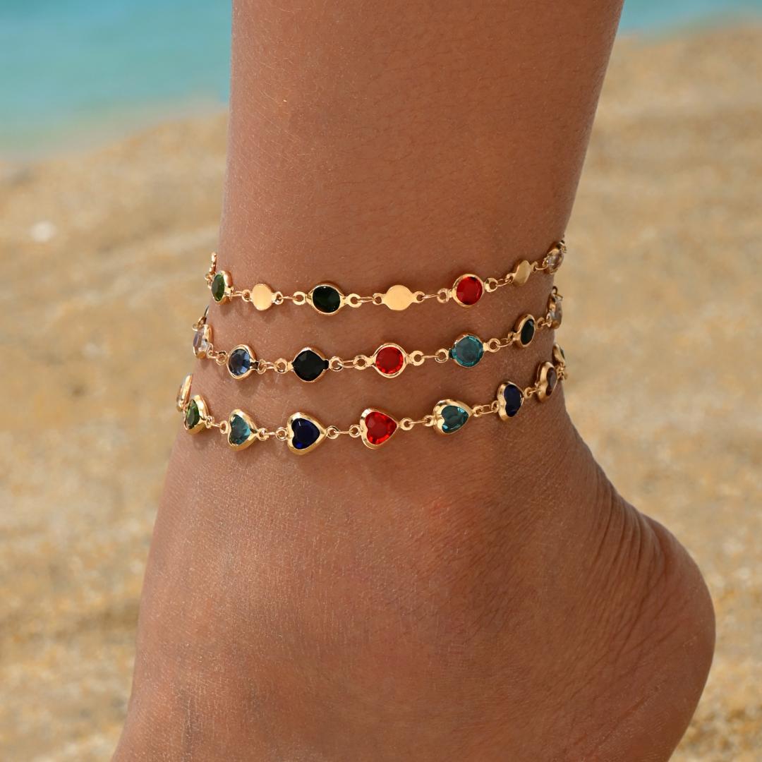 Image of (random Number Of Colored Glass Beads) 3pcs Women's Bohemian Vintage Colored Heart-shaped Disc Chain Adjustable Anklet Set, Daily Vacation Beach Wear, Valentine's Day Gift Birthday Gift