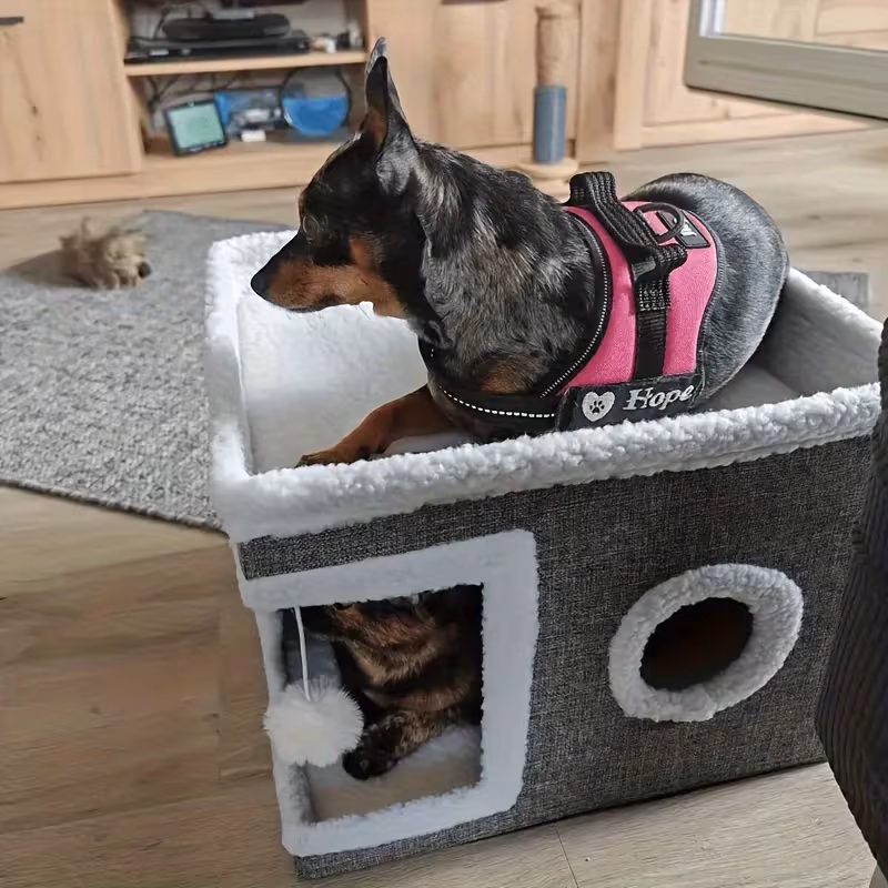 casa de gato de vários níveis com cama de 2 níveis, de brinquedos e de arranhar dobrável - cama aconchegante para interior com suspensa de pelúcia, estrutura de nylon e construção em tela, design dobrável que , 16.5x16.5x13 polegadas - ideal para pequenos detalhes 2