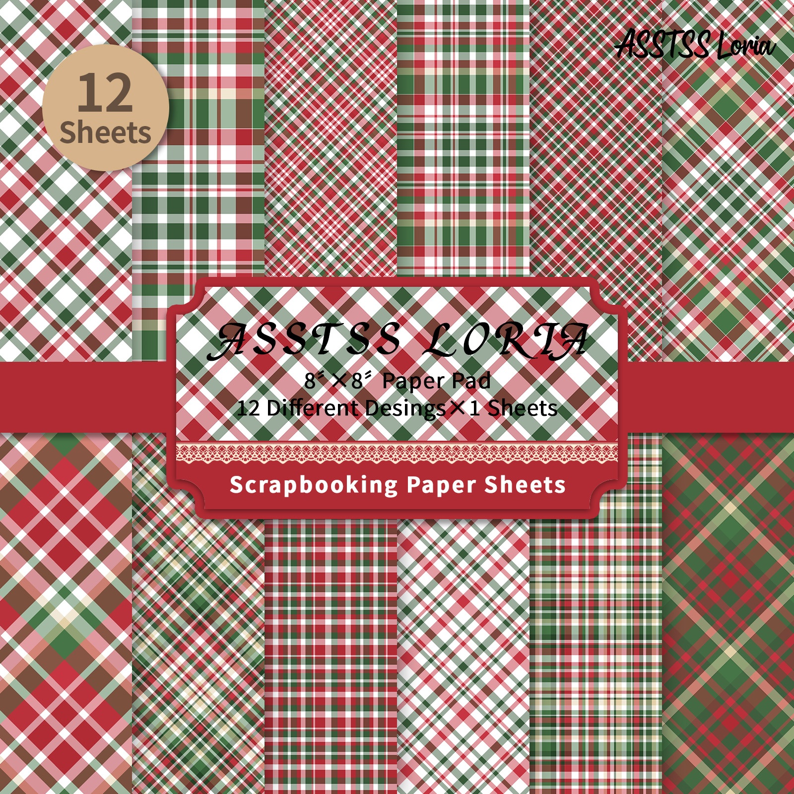 TEMU Lot de 12 feuilles de papier scrapbooking ASSTSS 8X8 pouces, papier de base à carreaux de Noël, papier cartonné épais pour journaling, art de