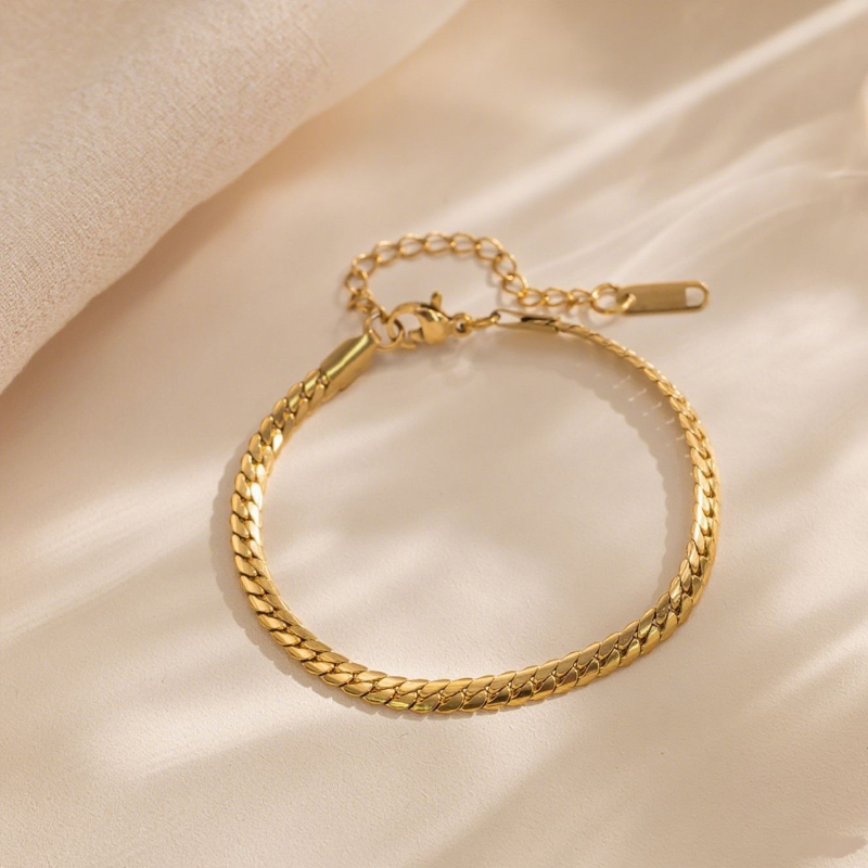 Unisex Gold Plated Stainless Steel Thin Flat Cuban Link Bracelet