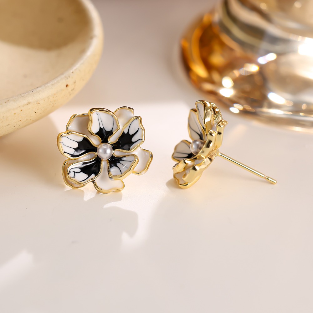 Women's Plated Enamel Flower Dangle Earrings with Center Beads