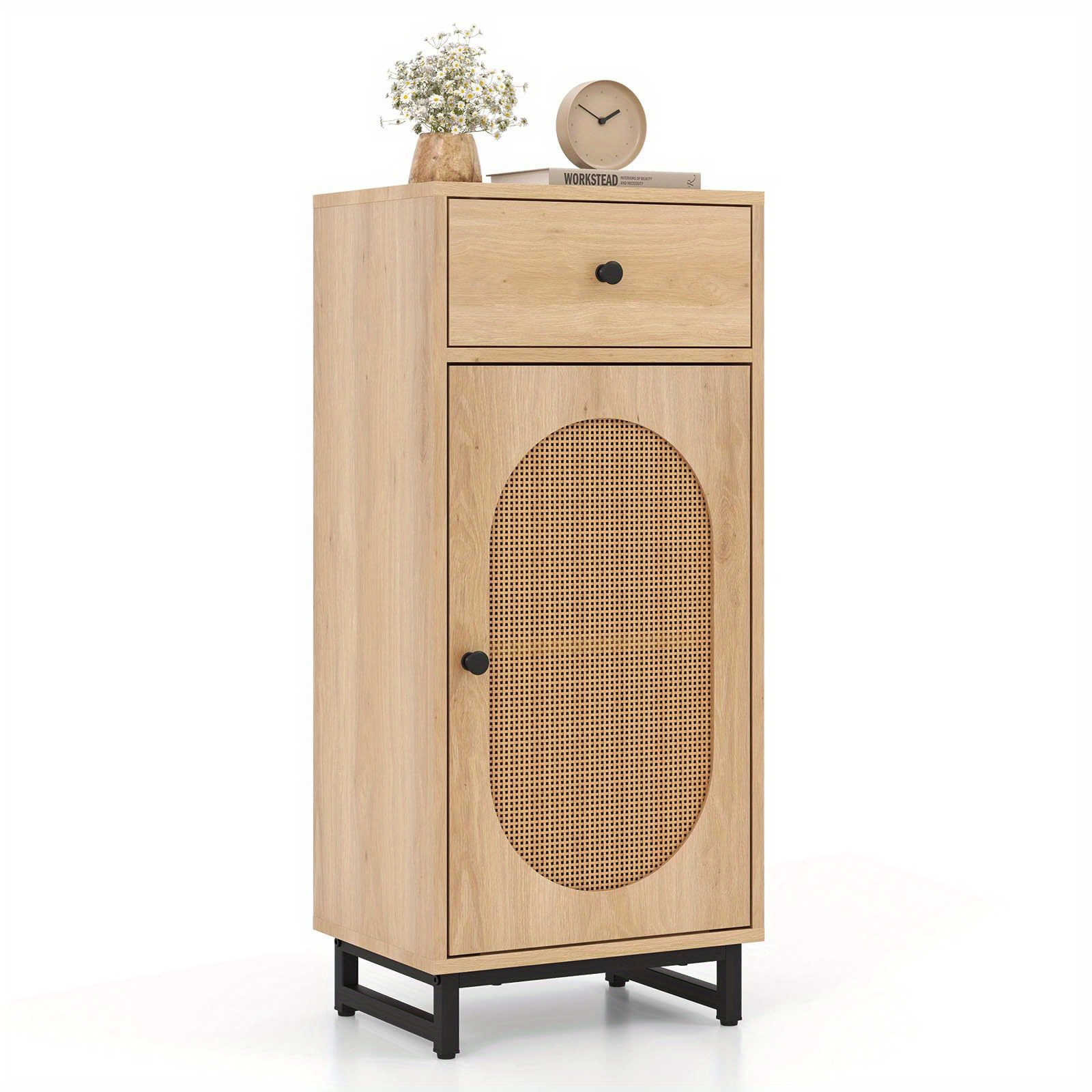 Image of Pe Rattan Storage Cabinet, Standing Cabinet With Pull-out Drawer, Pe Rattan Door, Metal Stand, Adjustable Foot Pads