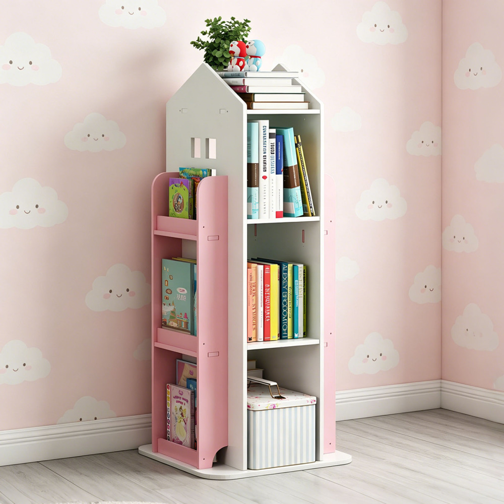 4-Tier Rotating Bookshelf, 360° Display Book Shelf, Floor Standing Bookcase, Children's Bookshelves for Bedroom, Living Room, Study Room ( WHITE Color)