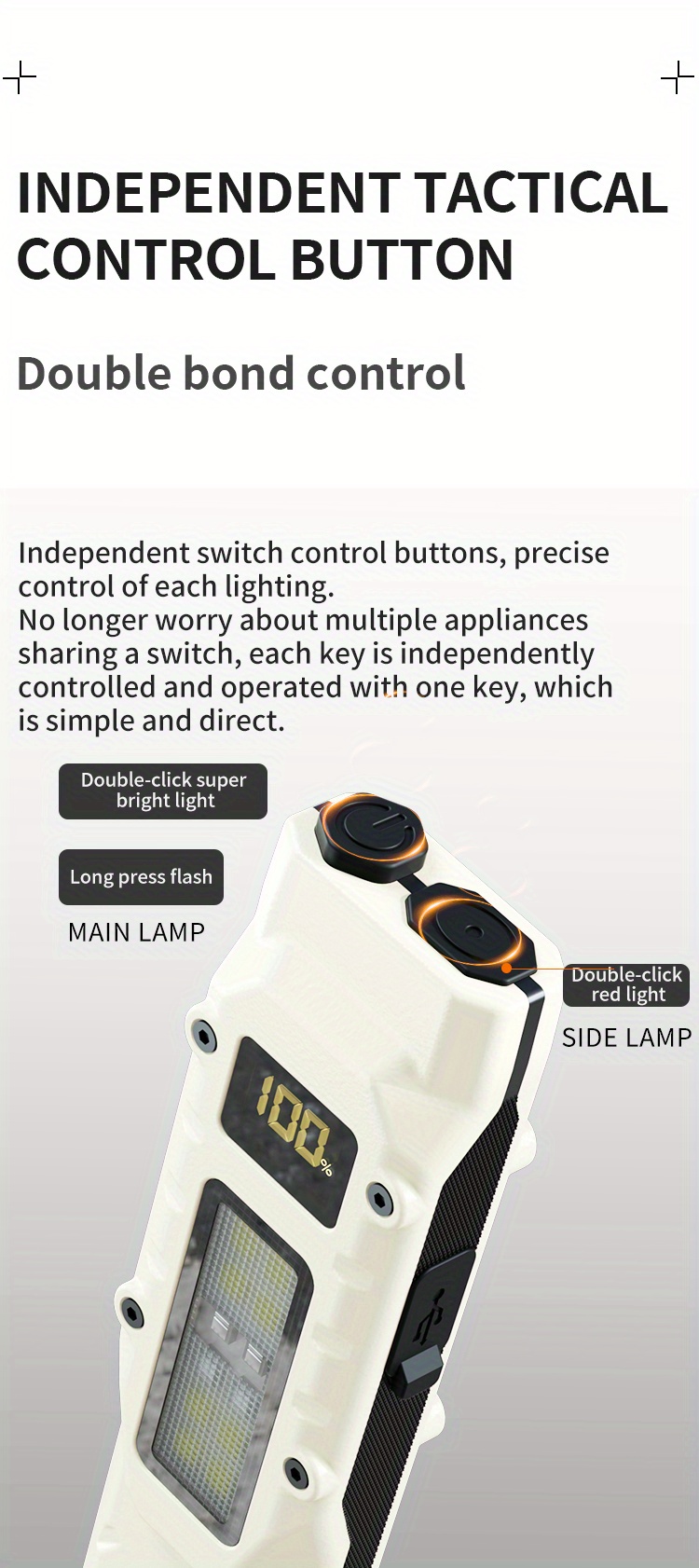 edc újratölthető zseblámpa, taktikai cob munkalámpa, hordozható klipsz lámpa 1000mah nagy akkumulátor élettartammal, teljesítmény kijelző, piros és kék fények, kültéri, háztartási alapvetők, vészhelyzeti világítás - usb kábellel felszerelve, fekete/fehér részletek 8