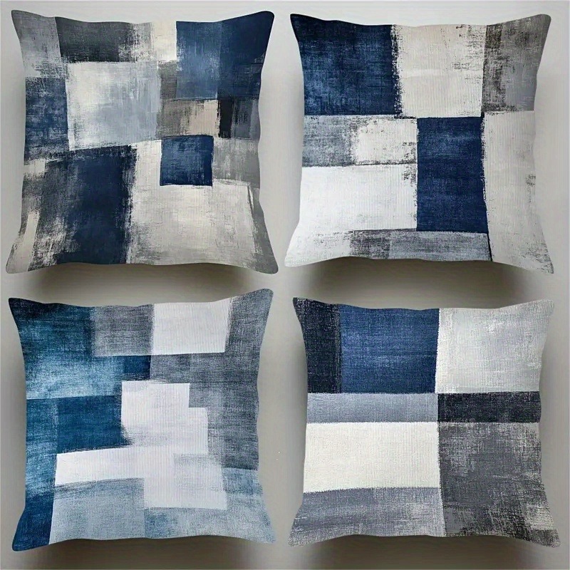 TEMU 4pcs Set Of 2d Double-sided Printed Non-embroidered Geometric Pattern Pillowcases In Blue-gray, Suitable For Daily Use And Holidays, Pillow