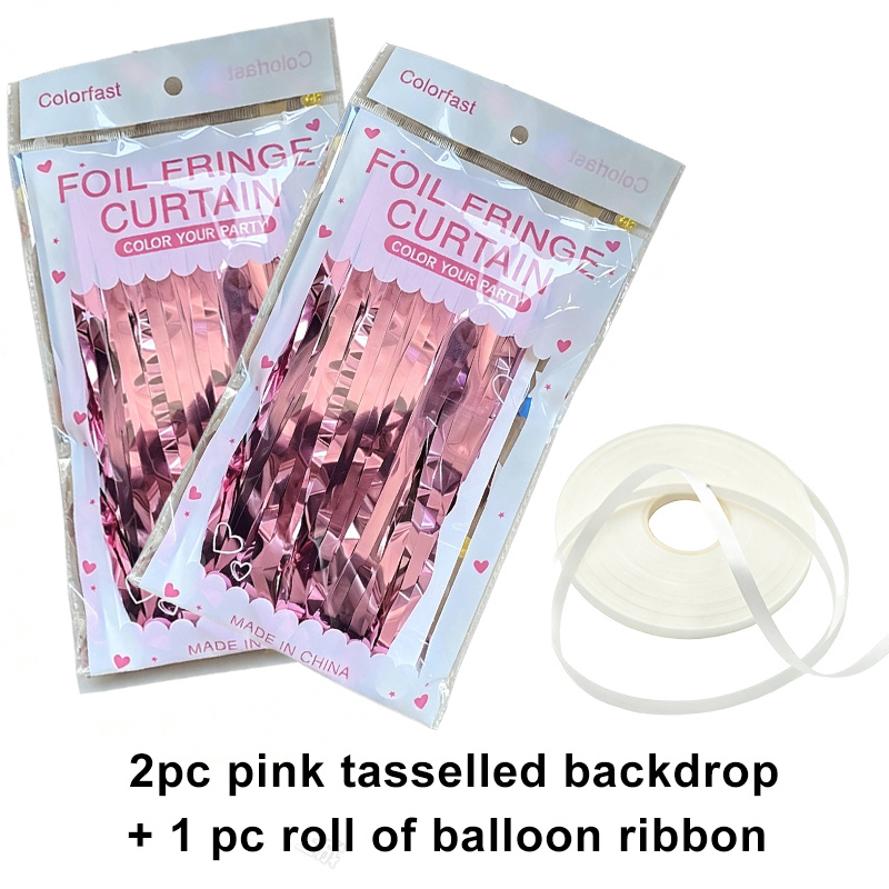 TEMU 3pcs Pink Birthday Decoration Set, Includes Foil Tassel Backdrops + 1 Roll Of Balloon Ribbon, Glittery Pink Streamer Party Decor, Reusable For