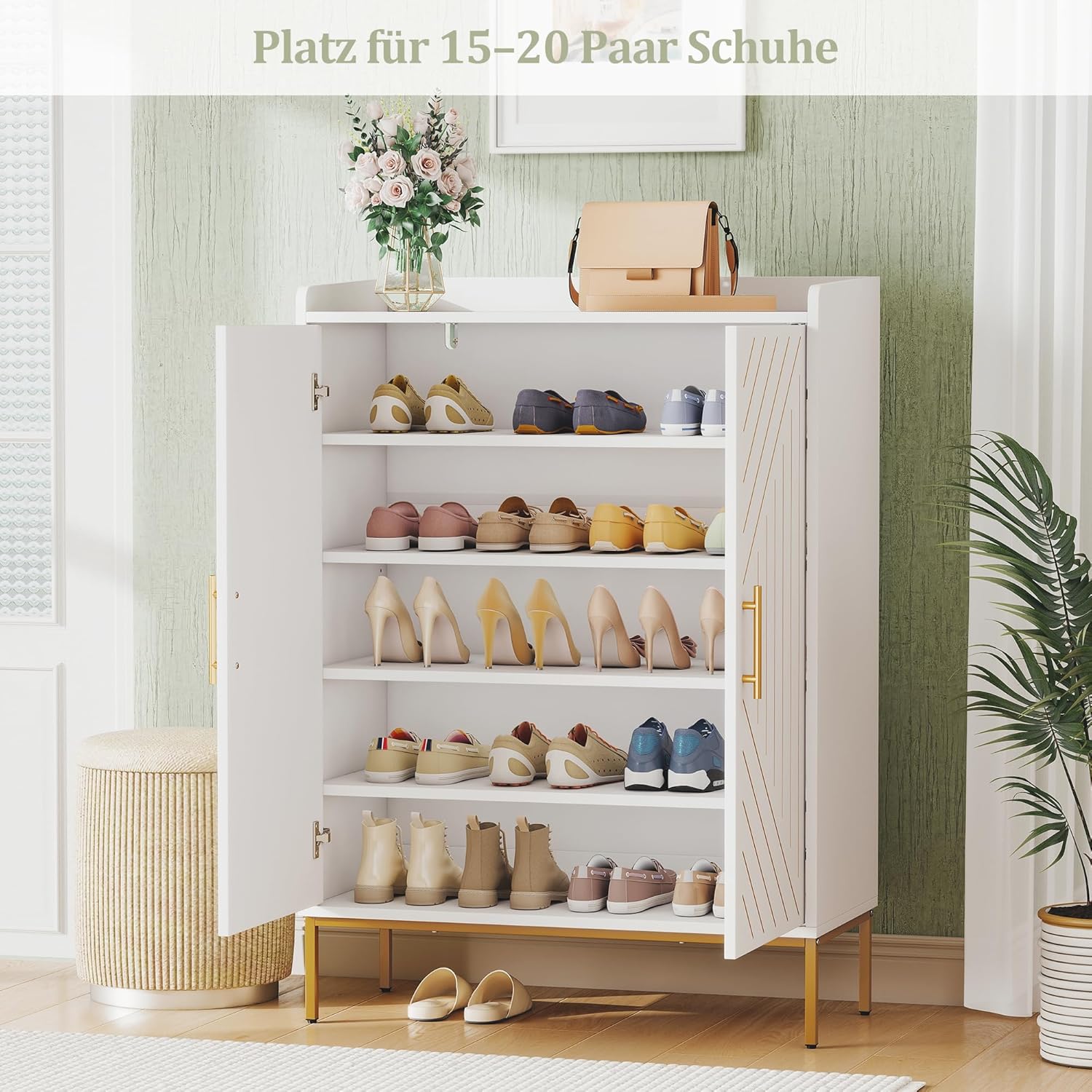 Image of Modern White 2-door Shoe Storage Cabinet 105x35x75cm Adjustable Shelves Large Capacity Shoe Organizer Freestanding Shoe Rack For Hallway, Living Room, Entryway