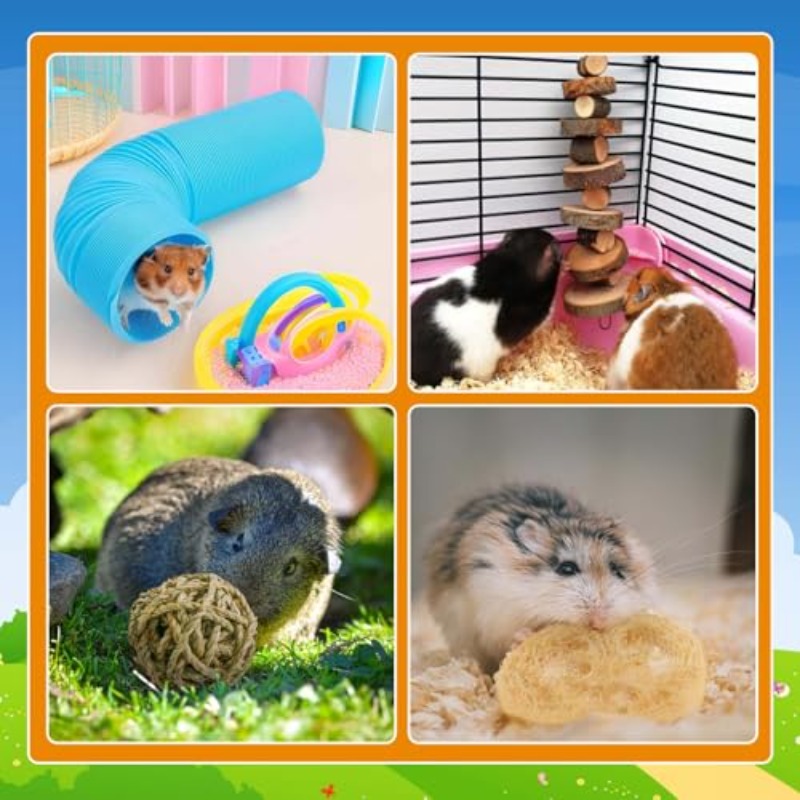 SUSOO 9pcs Set of Toys for Hamsters, Featuring Safe Natural Chew Items And an Expandable Play Tunnel, Designed for The Dental Care of Hedgehogs, Rats, Chinchillas, And Guinea Pigs, Perfect for Foraging in Small Animal Cages