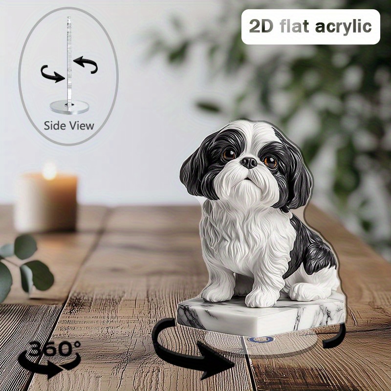 TEMU 2d Flat, Two-dimensional Plane, 1 Rotating Shih Tzu Desktop Ornament - With Rotating Base, Suitable For Relaxation, Black And White Acrylic Shih